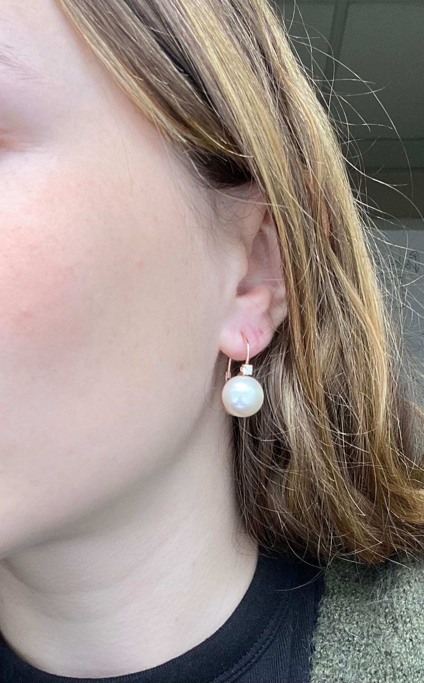 Mixed Cut Earrings Diamonds and Pearl Pink Gold 18 Carat For Sale