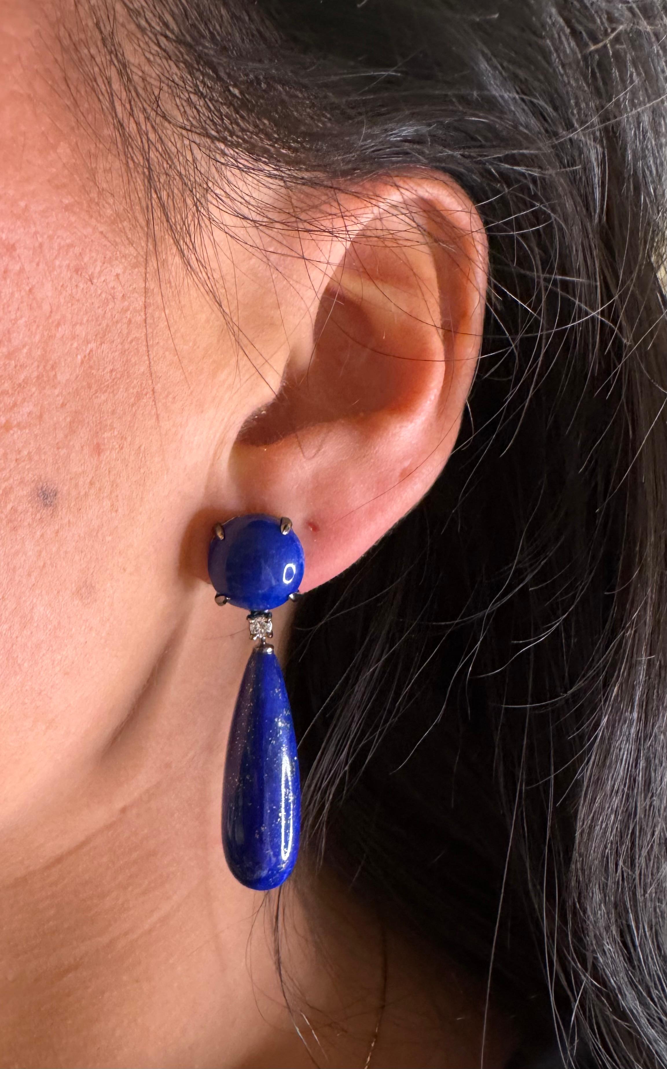 Baroque Earrings Diamonds Lapis Lazuli Black Gold 18 Carrats For Sale