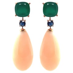 French Chandelier Earrings 18k Rose Gold Green Onyx, Blue Sapphire