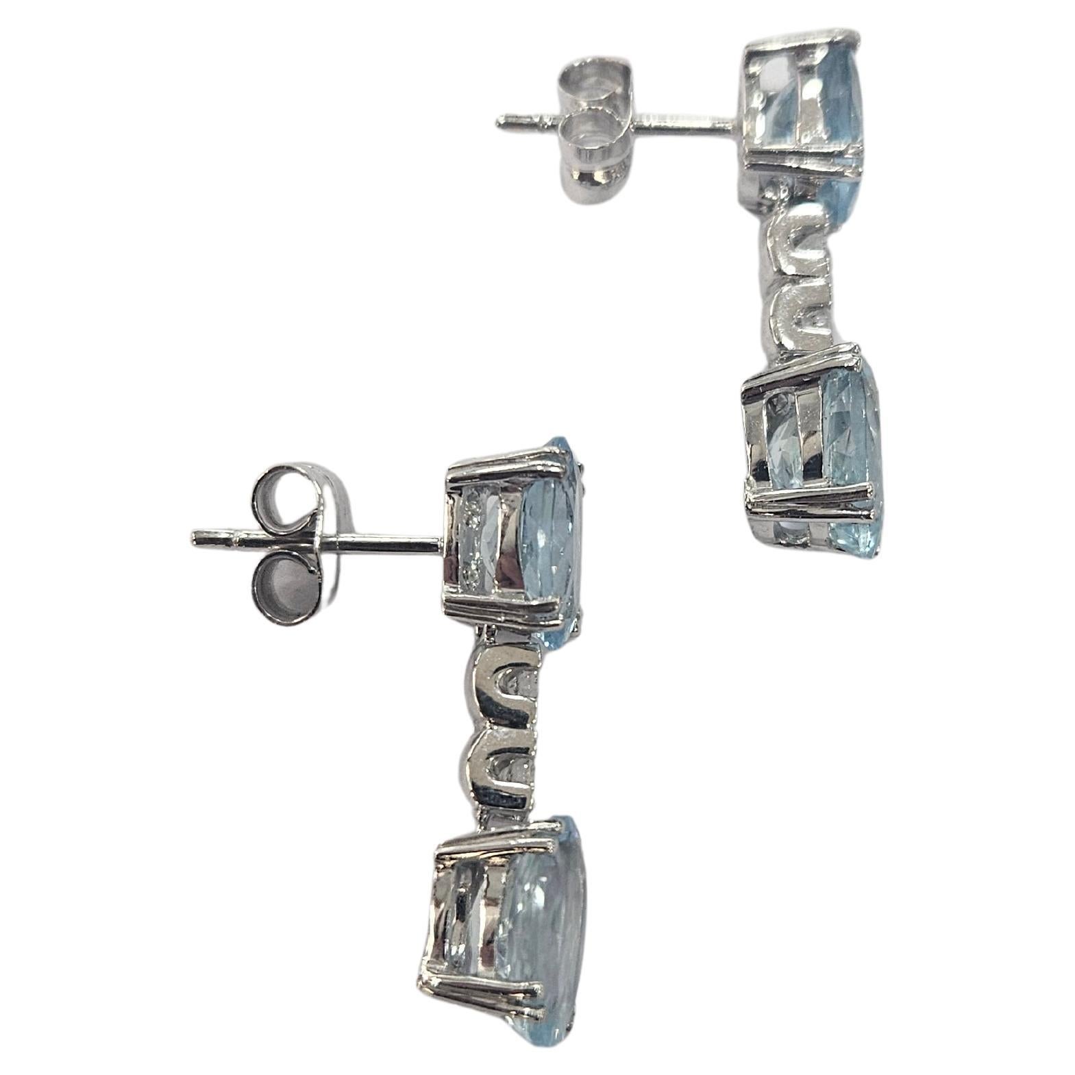 Pendientes Dobles Aguamarinas 6.05 Ctw. y Diamantes Oro Blanco 18 Kilates Corte oval en venta