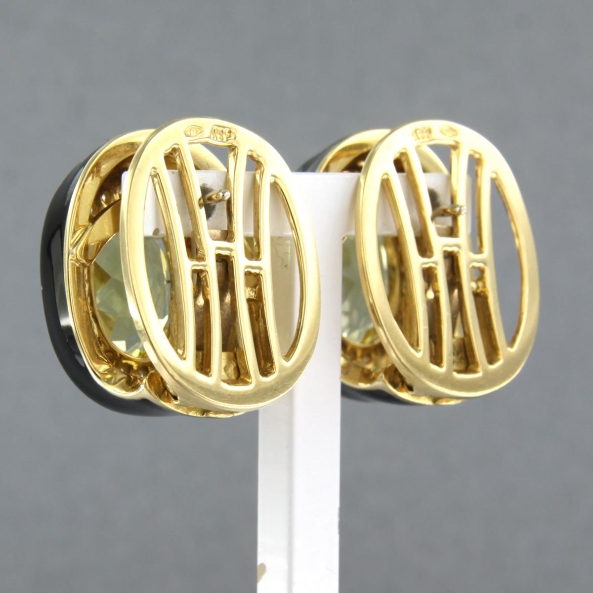 Brilliant Cut Earrings enamel decorated with citrine and billiant cut diamonds 18k gold For Sale