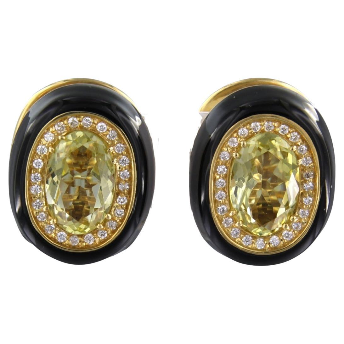 Ohrringe emailliert, mit Citrin und Diamanten im Kugelschliff verziert, 18 Karat Gold