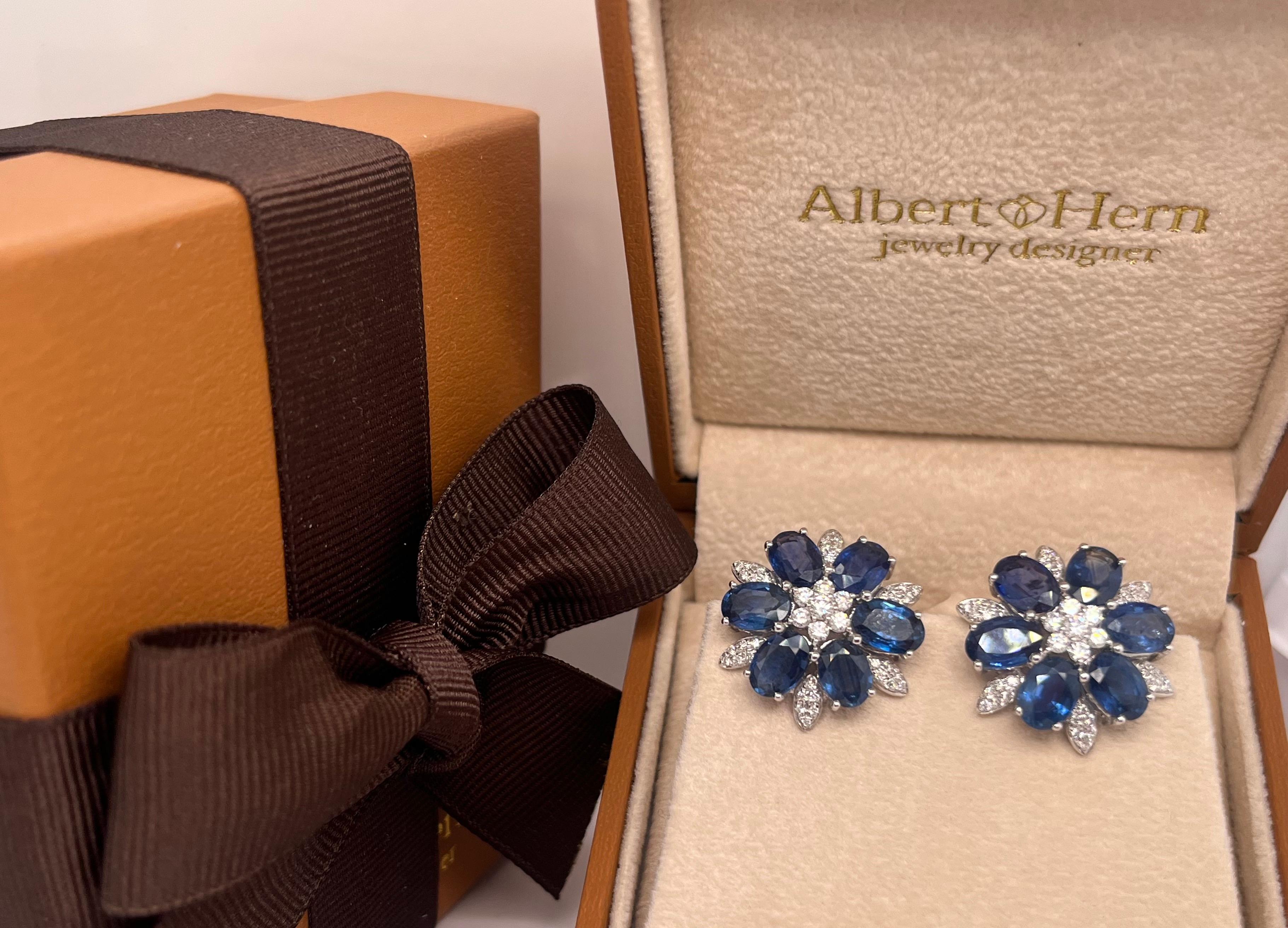 Oval Cut Earrings Flowers with Blue Sapphires 10.31 cts & Diamonds 0.80 cts. For Sale