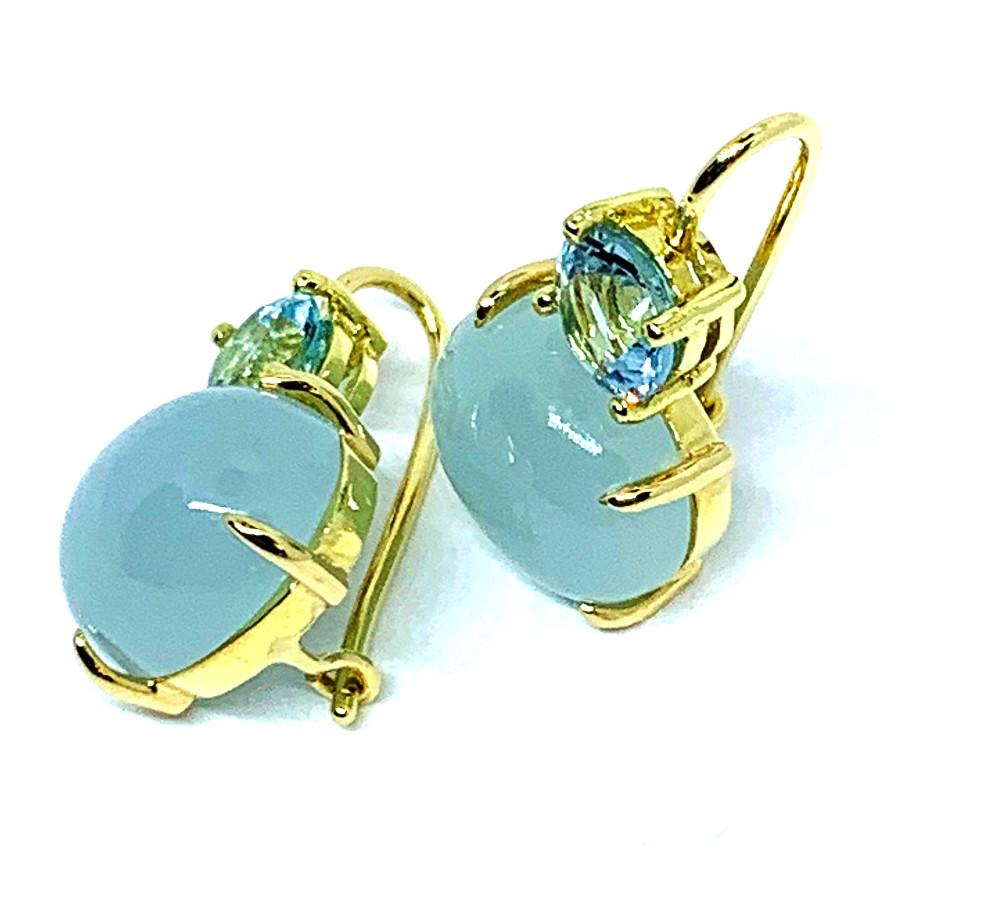 Artisan 10.85 Carat Total Aquamarine Cabochon, Faceted, Yellow Gold Wire Drop Earrings