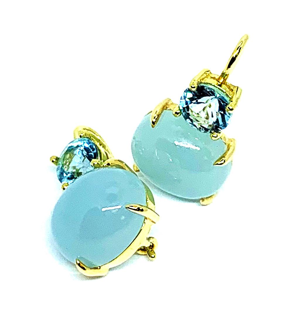 Women's 10.85 Carat Total Aquamarine Cabochon, Faceted, Yellow Gold Wire Drop Earrings