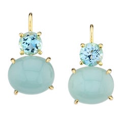10.85 Carat Total Aquamarine Cabochon, Faceted, Yellow Gold Wire Drop Earrings