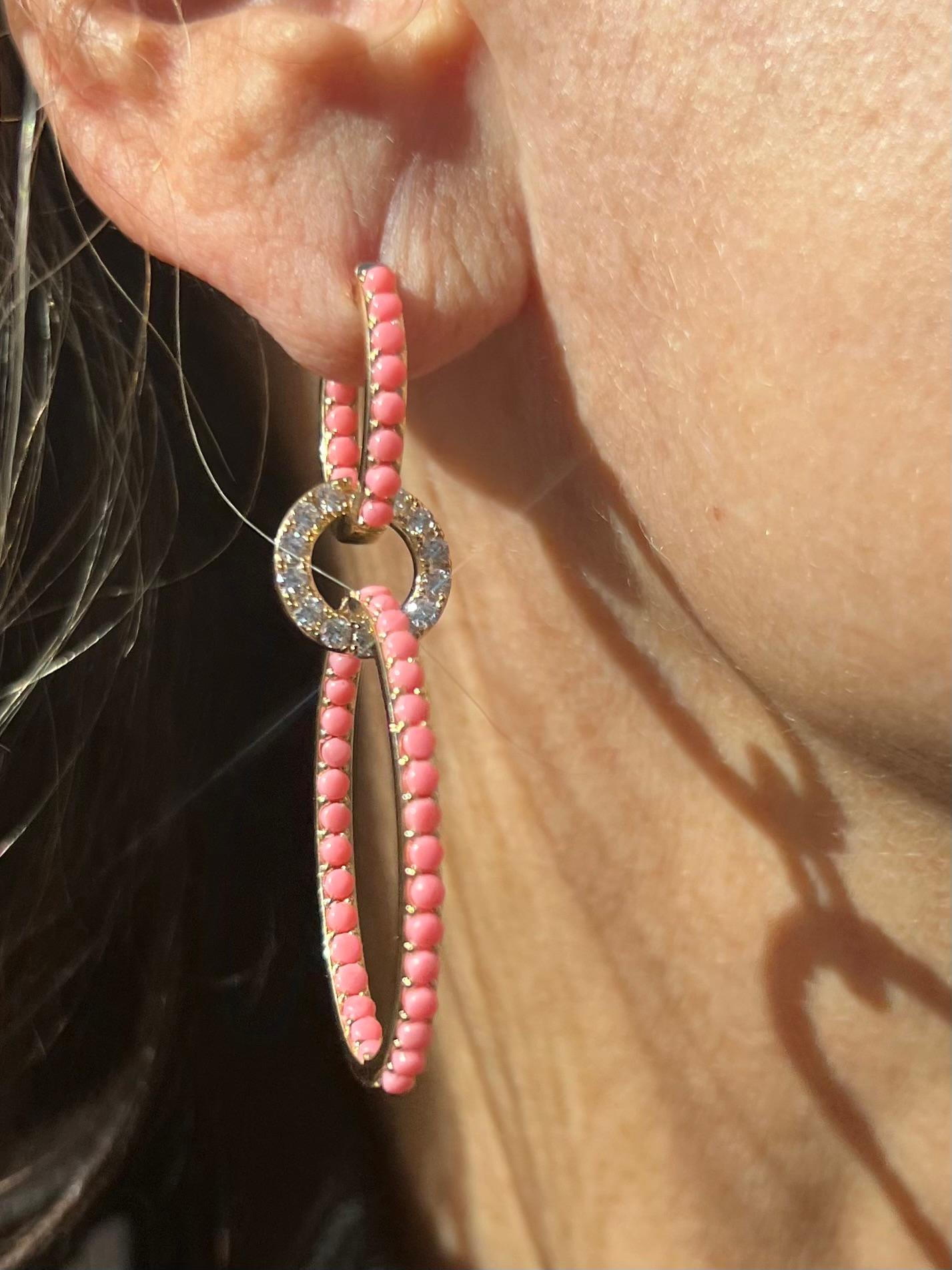 Fabulous coral and 14k gold hoop earrings.