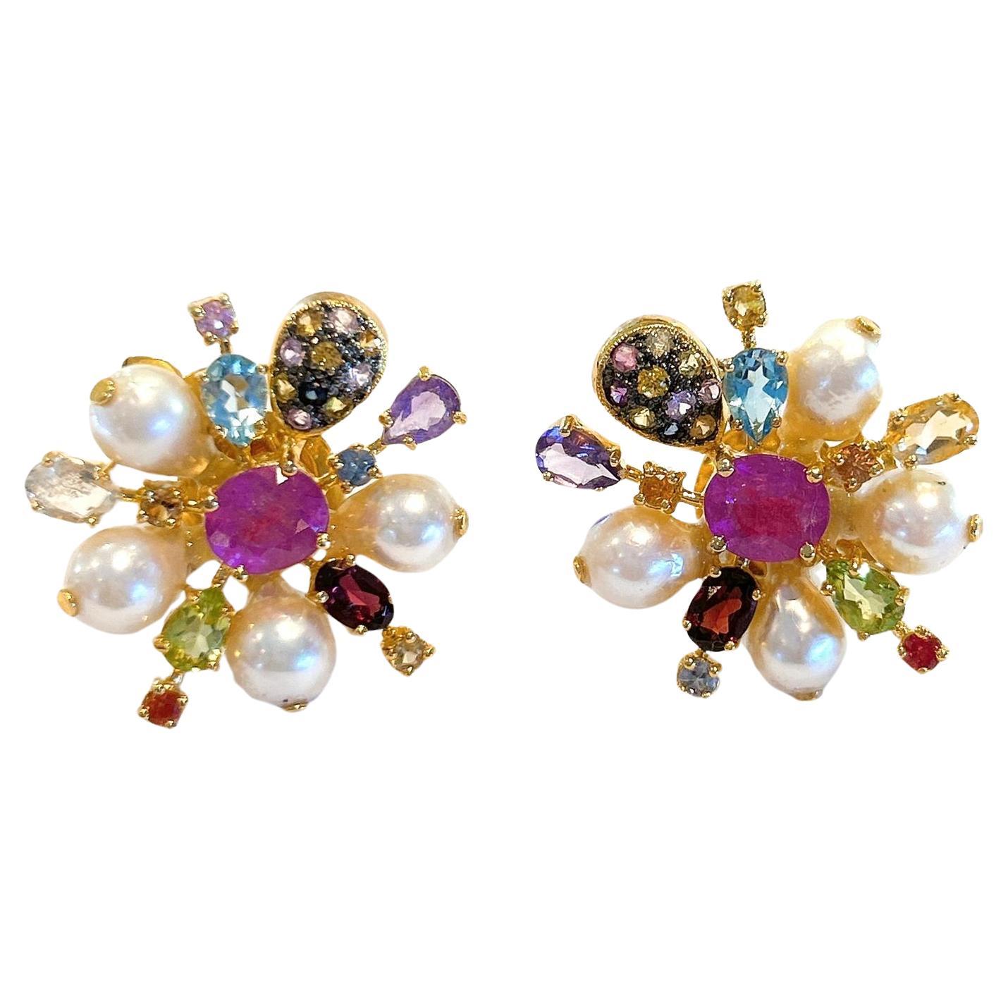 Bochic “Orient” Ruby & Multi Gem Starburst Earrings Set In 18K Gold & Silver