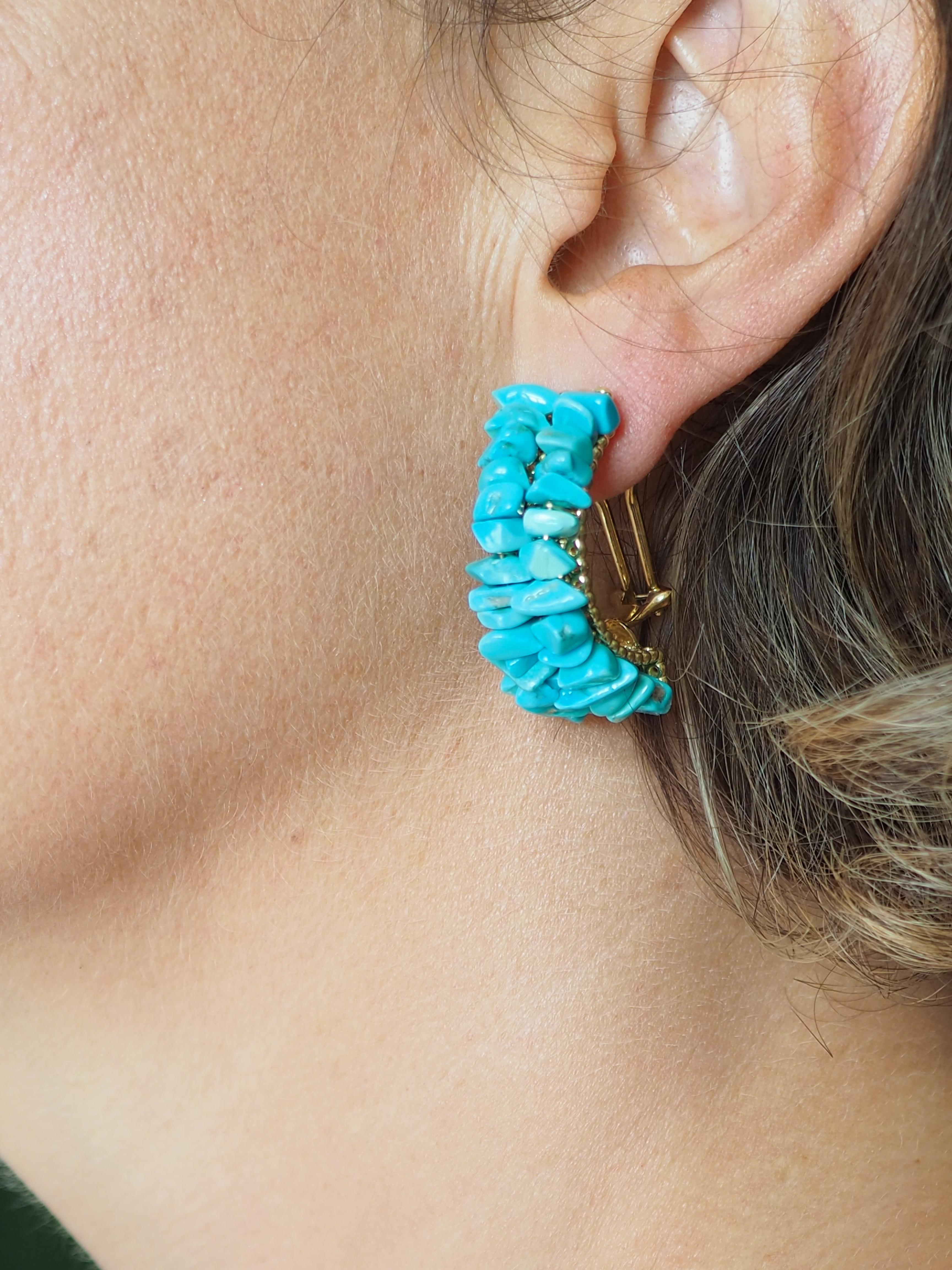 Women's or Men's Earrings Gold Natural Turquoise For Sale