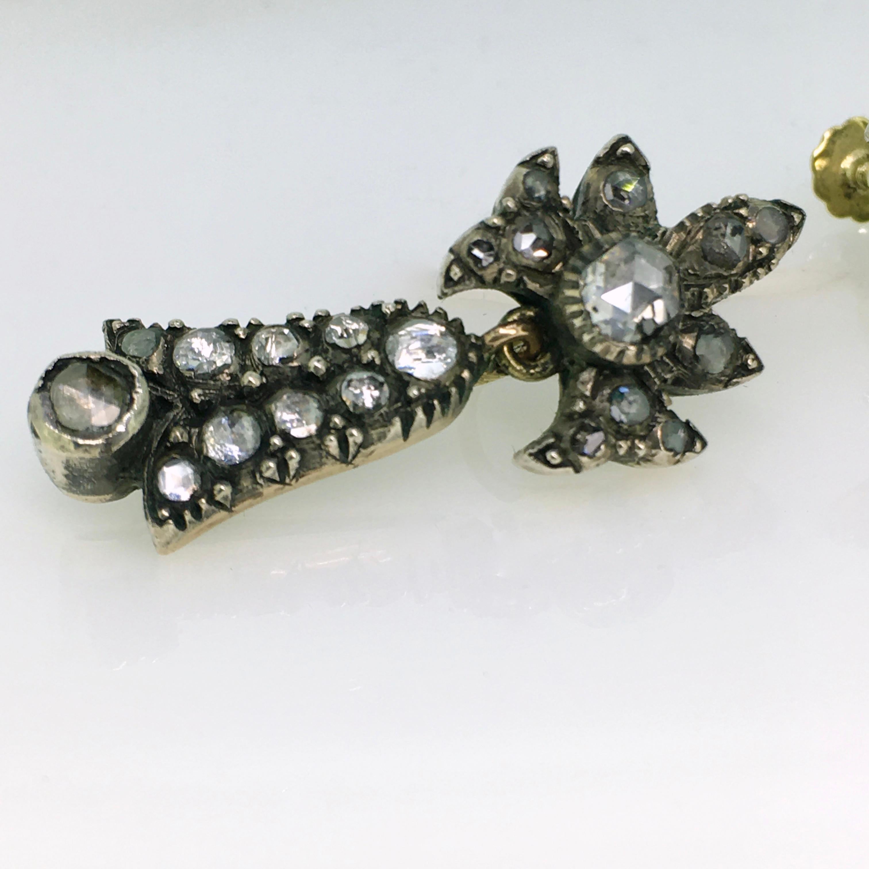 Rose Cut Earrings, Gold, Silver, Antique, Diamond, 1830