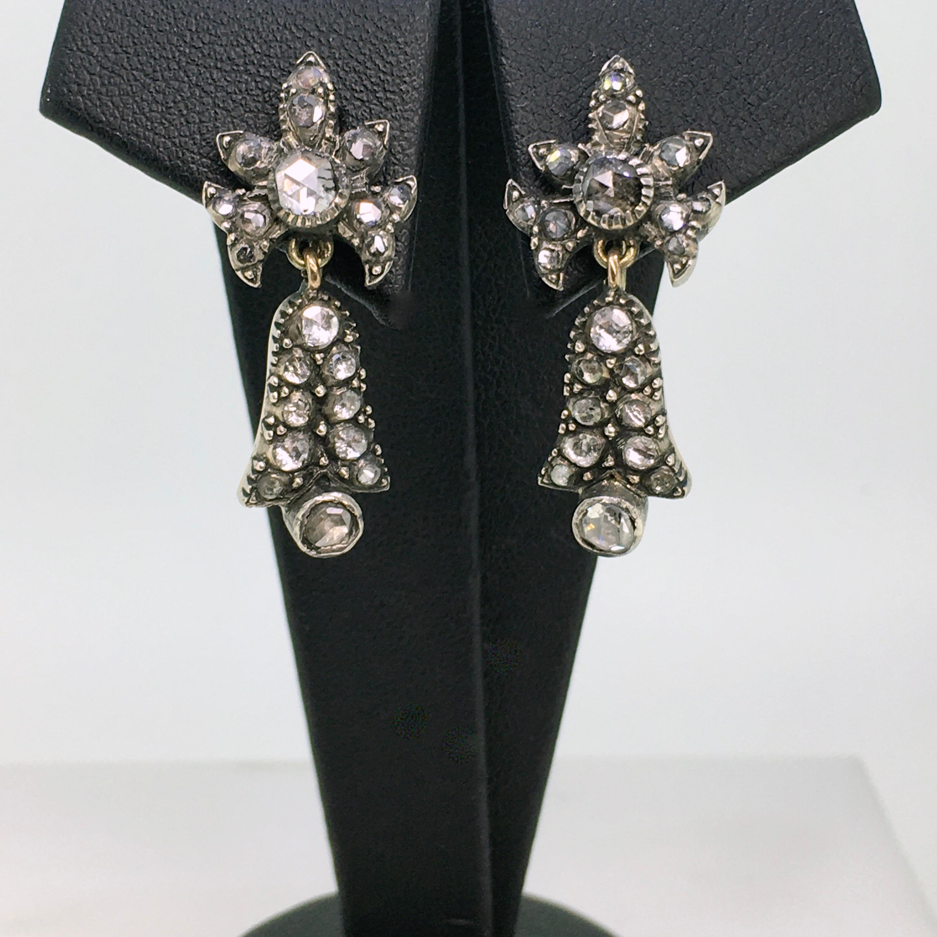 Women's Earrings, Gold, Silver, Antique, Diamond, 1830