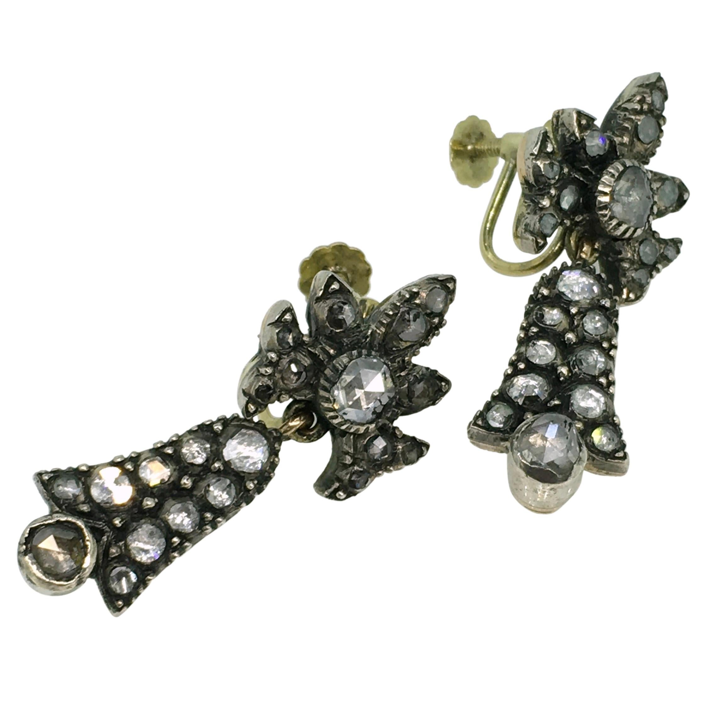 Earrings, Gold, Silver, Antique, Diamond, 1830