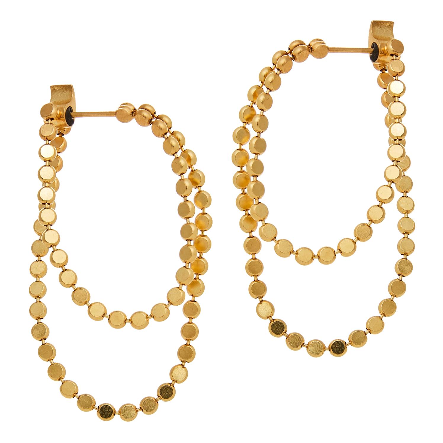 Earrings Hoops Double Round Motif Chain 18k Gold-Plated Silver Greek Earrings For Sale