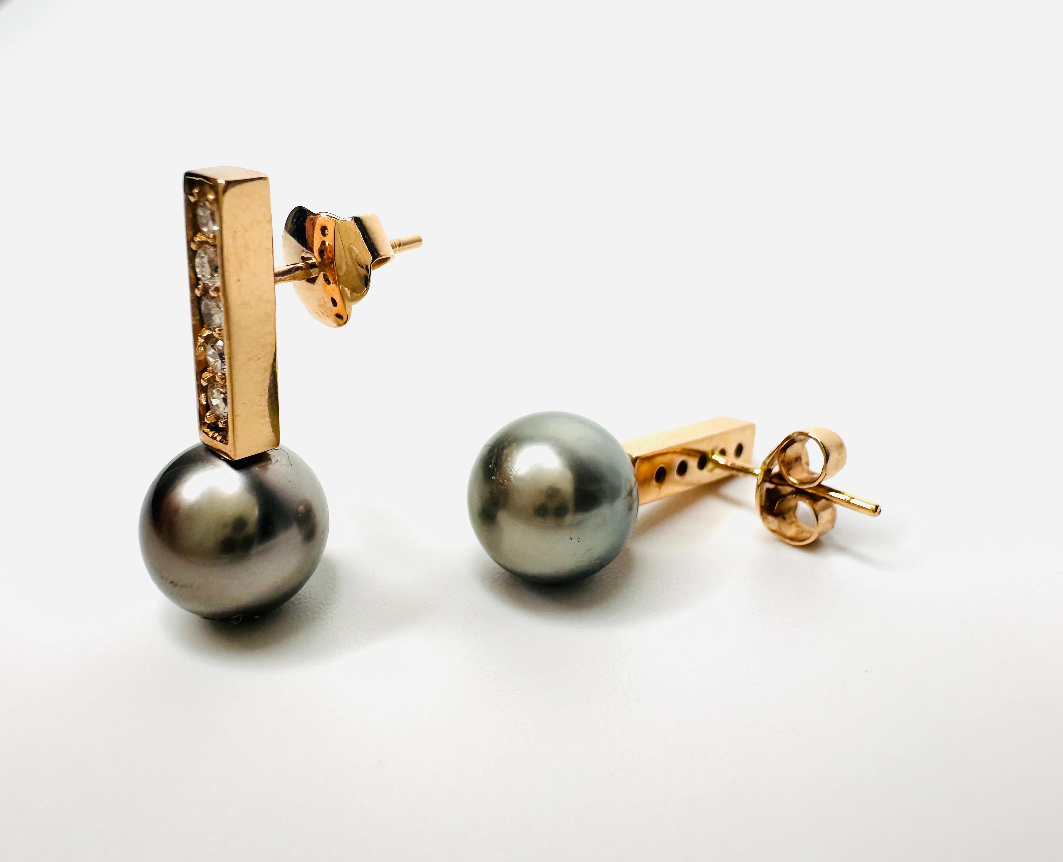 Modern Earrings in 18 carat Rose Gold, 0.365 carats Diamonds and Tahitian Pearls For Sale