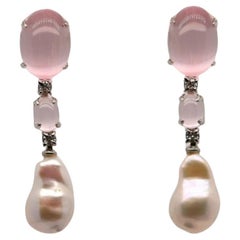 Earrings in 18K Gold with Quartz, Baroque Pearls and Adorned with Two Diamonds