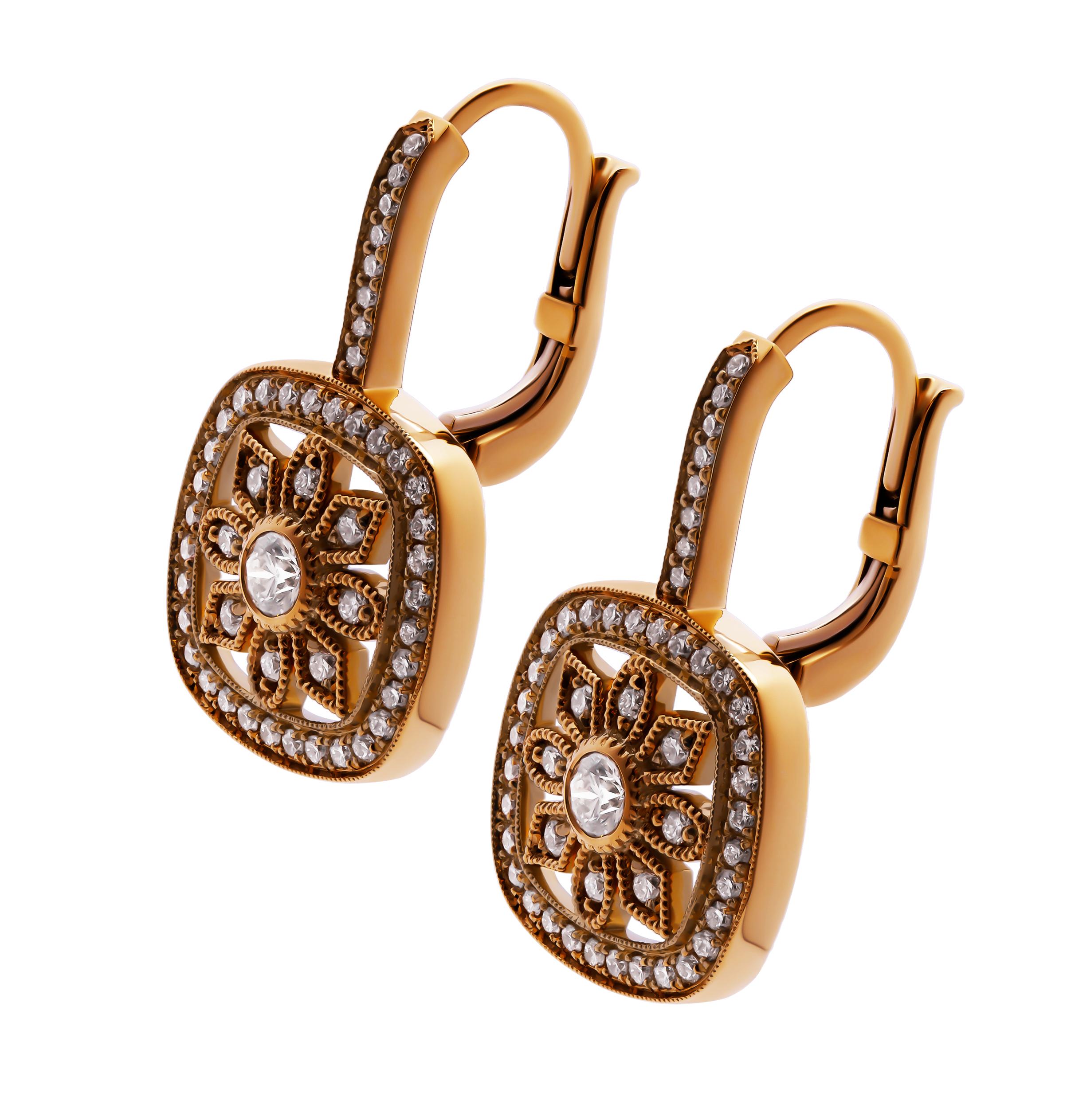 Lever back earrings in 14k Rose Gold
 ART DECO STYLE Milgrain design 
Total Carat Weight: 0.87ct F/G Color & VS clarity
