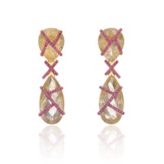 Earrings in 18k Yellow Gold with Empire Rutilated Quartz & Rubies in Stock