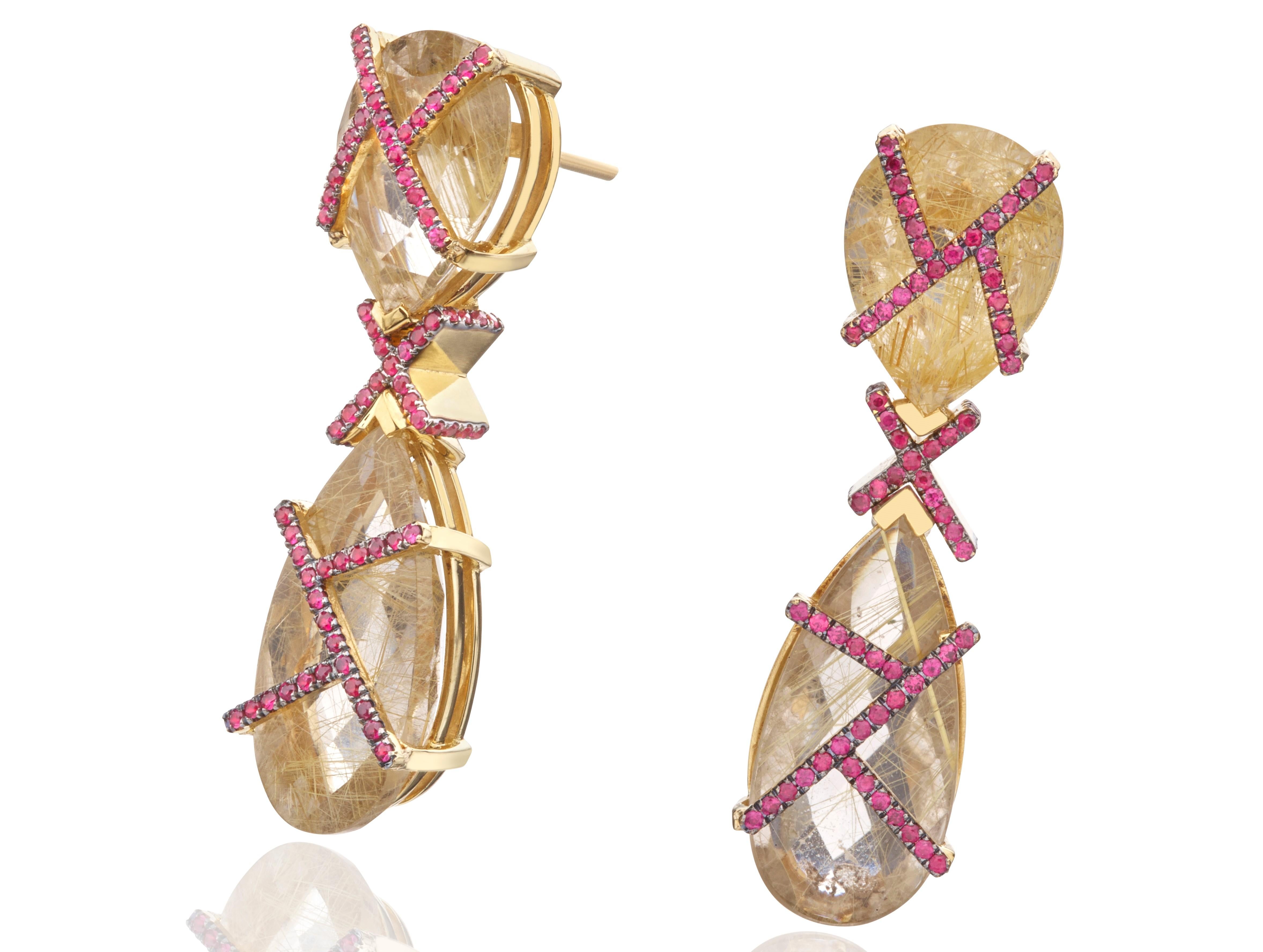 Pear Cut Earrings in 18k Yellow Gold with Empire Rutilated Quartz & Rubies in Stock For Sale