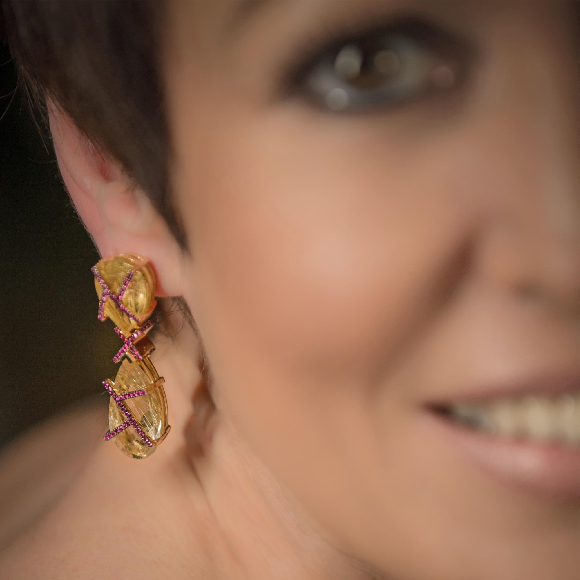 Earrings in 18k Yellow Gold with Empire Rutilated Quartz & Rubies in Stock In New Condition For Sale In Athens, GR