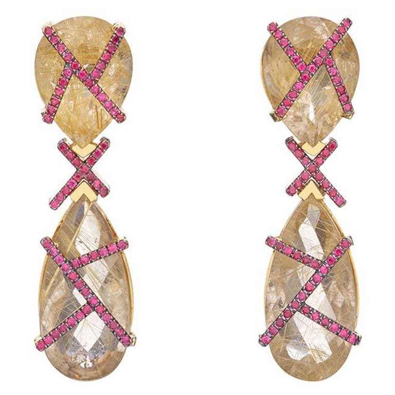 Pendientes de Oro Amarillo de 18k con Cuarzo Rutilado Imperio y Rubíes en Stock