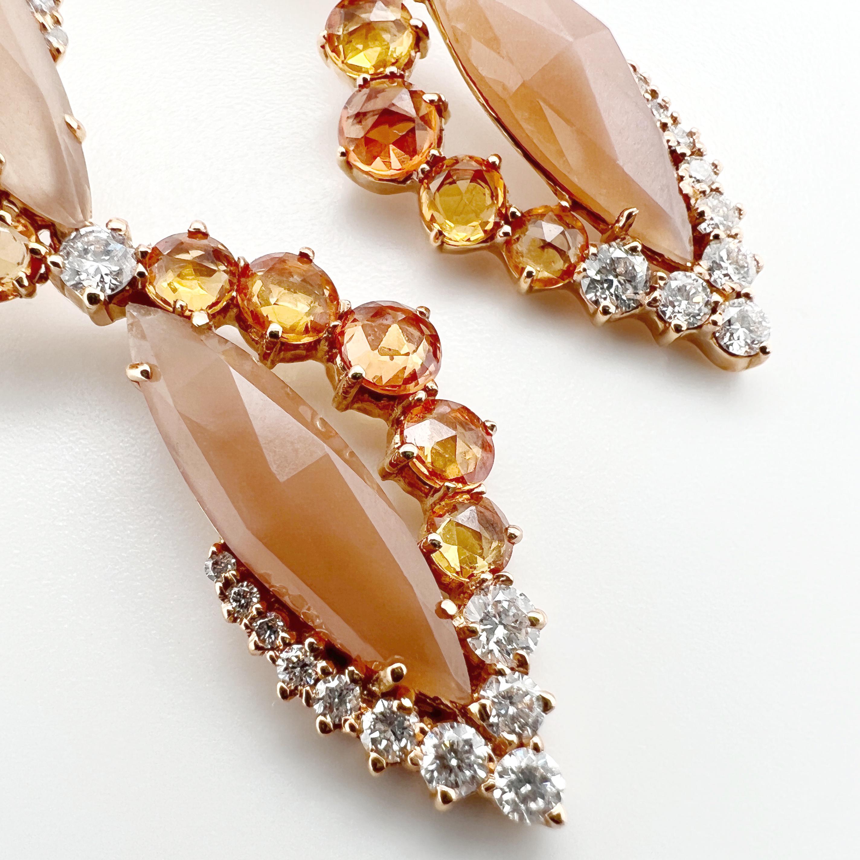 Modern Earrings in 18kt gold with orange moonstone, orange sapphires & natural diamonds For Sale