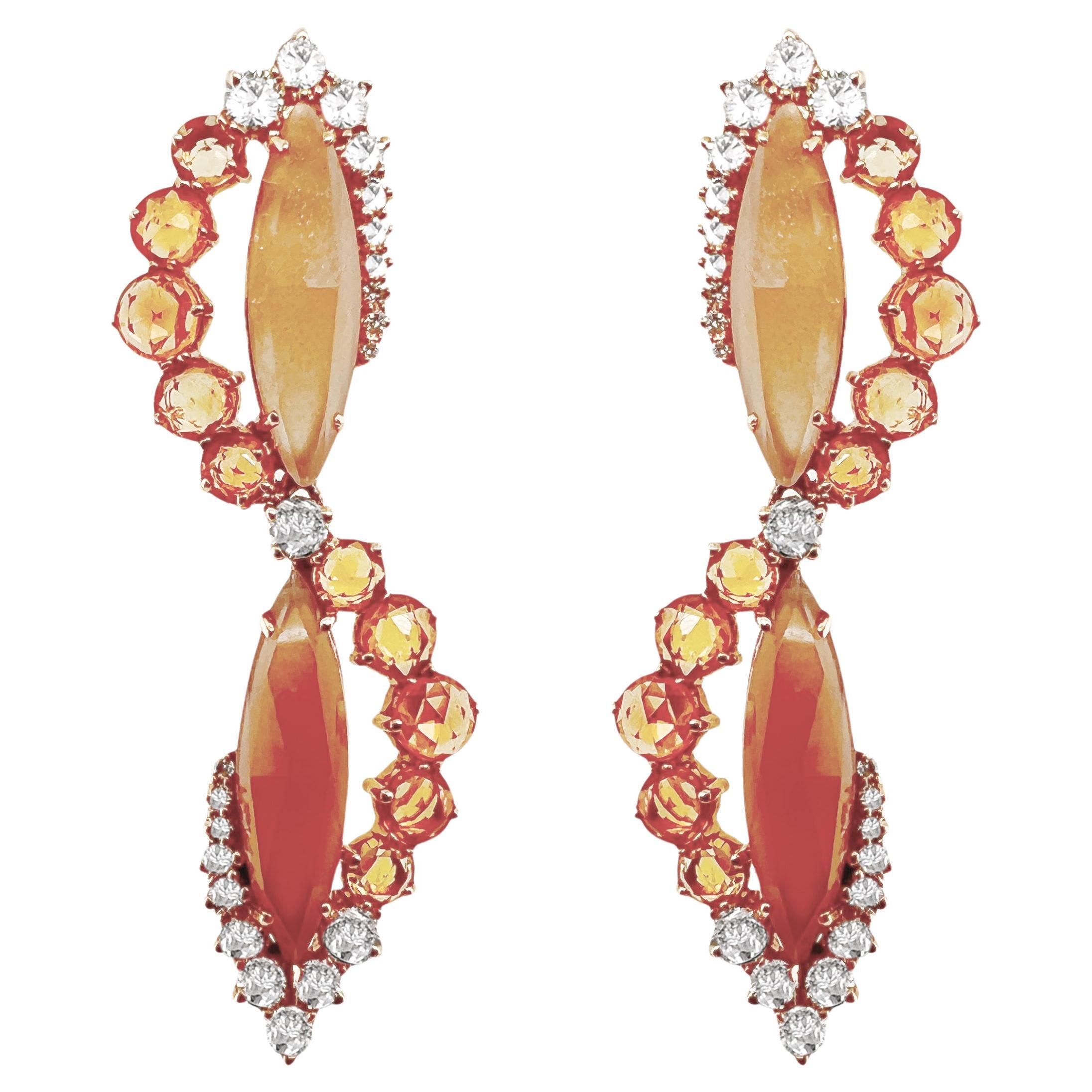 Earrings in 18kt gold with orange moonstone, orange sapphires & natural diamonds For Sale