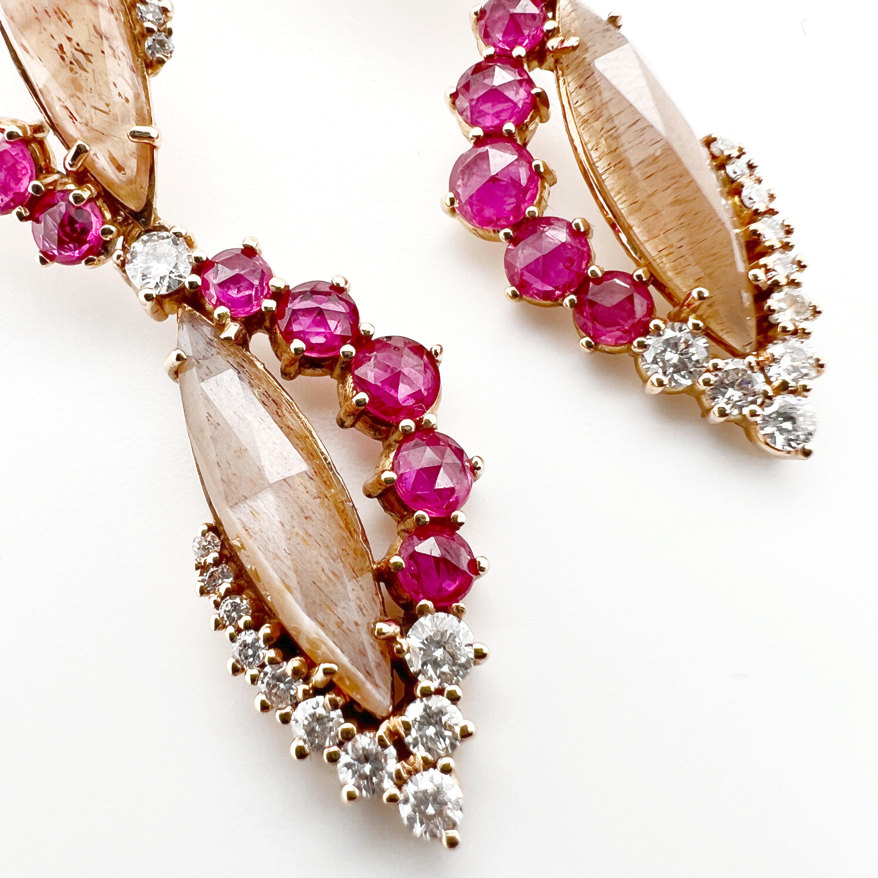 Modern Earrings in 18kt pink gold with brown moonstone, rubies and natural diamonds For Sale