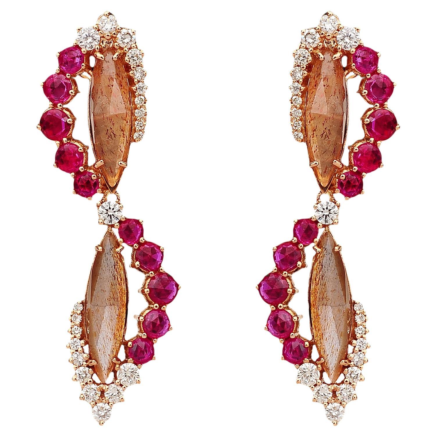 Earrings in 18kt pink gold with brown moonstone, rubies and natural diamonds For Sale