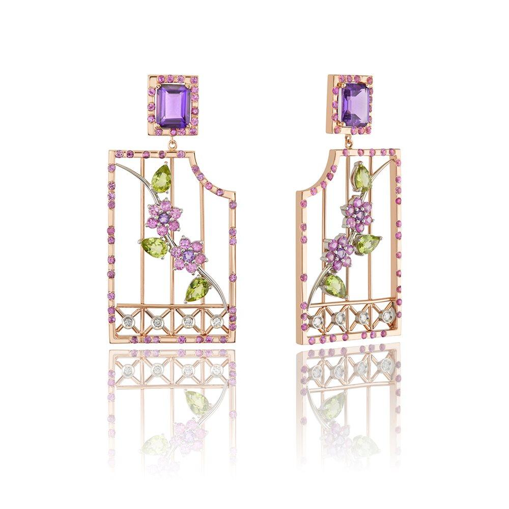 Romantic Earrings in 18kt Rose Gold with Amethyst, Rubies, Peridot & Diamonds in Stock For Sale