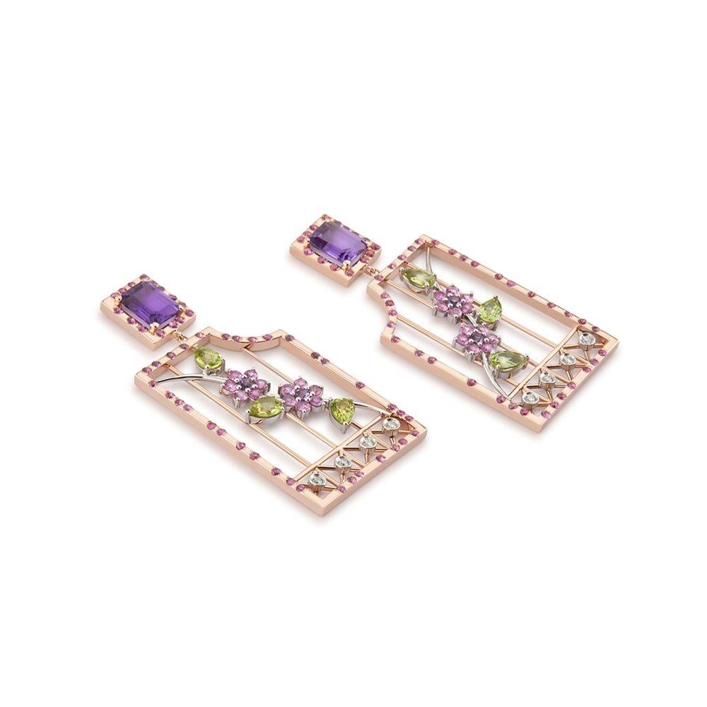 Brilliant Cut Earrings in 18kt Rose Gold with Amethyst, Rubies, Peridot & Diamonds in Stock For Sale