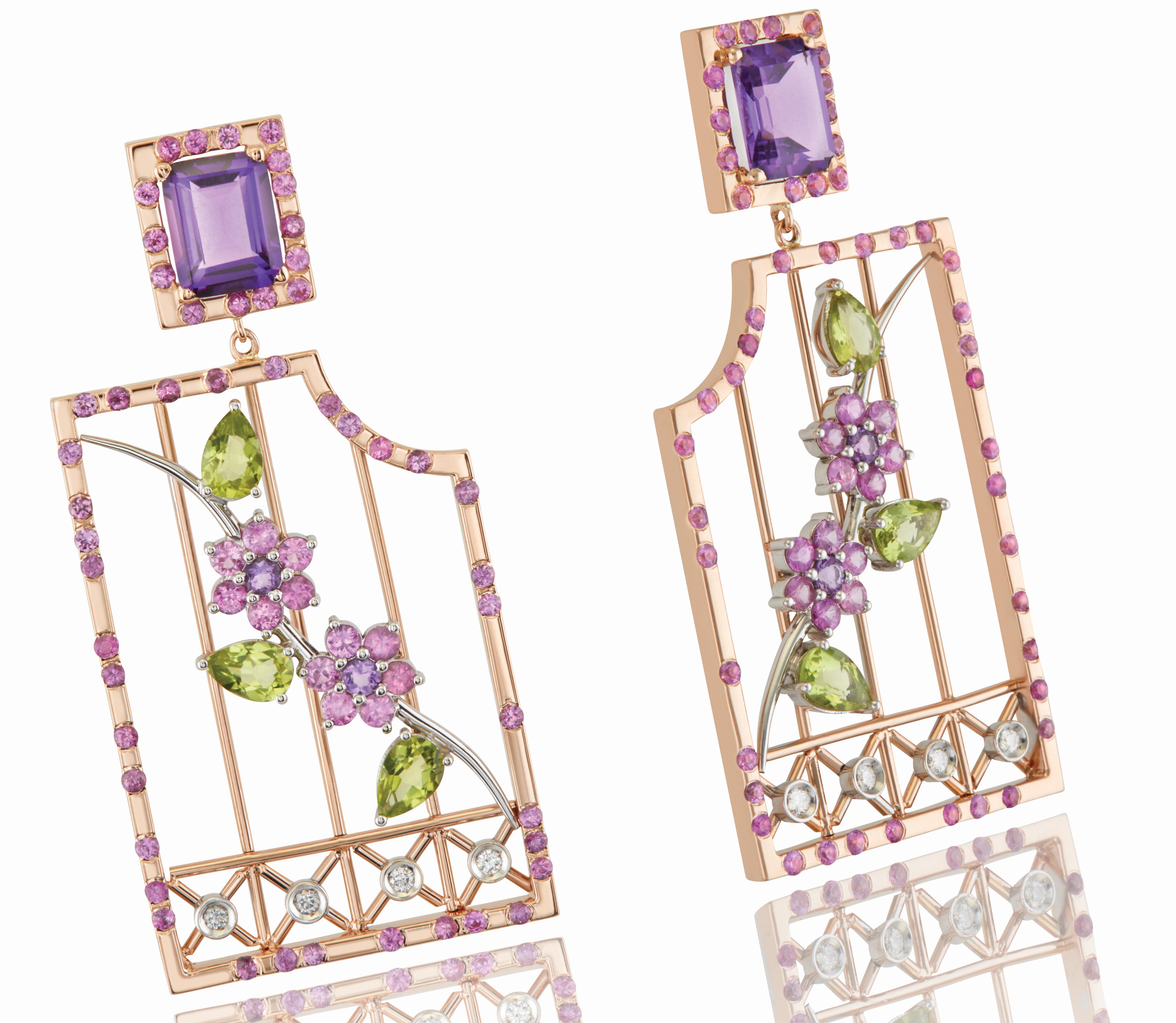 Earrings in 18kt Rose Gold with Amethyst, Rubies, Peridot & Diamonds in Stock In New Condition For Sale In Athens, GR
