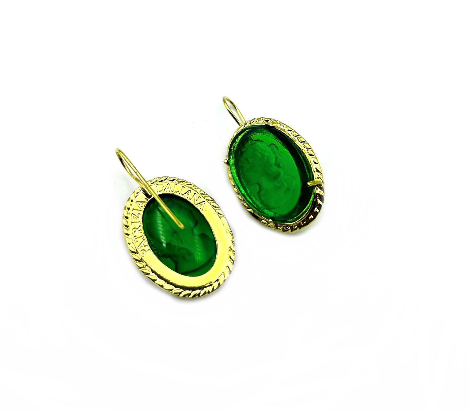 Artisan Earrings  in 24 KT gilded bronze with hand-carved and ground green Murano glass For Sale