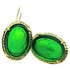 Earrings  in 24 KT gilded bronze with hand-carved and ground green Murano glass