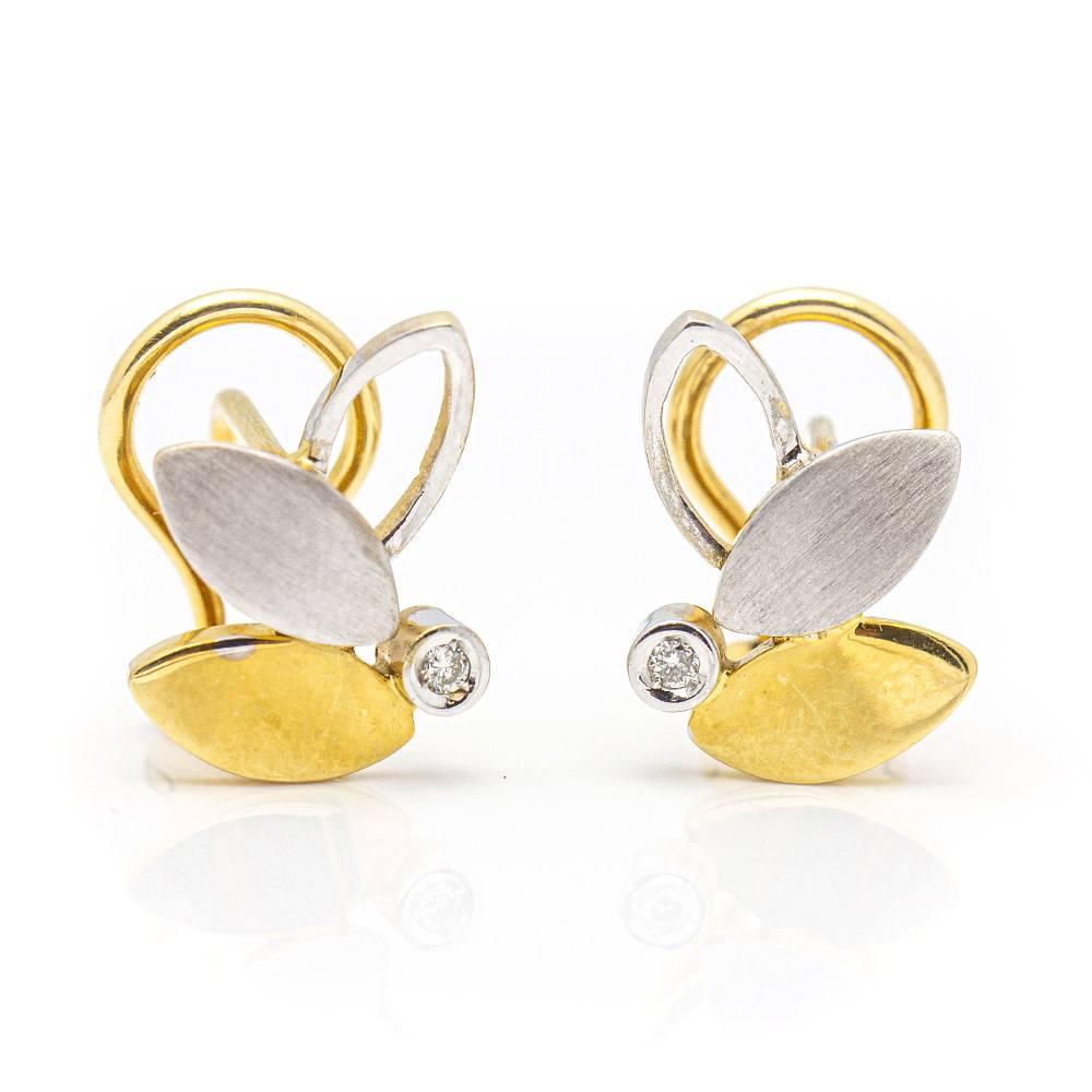 Women's Gold Earrings : 2x Brilliant Cut Diamonds with a total weight of 0.03cts. in G/Vs quality : Omega Clasp : 18kt Yellow and White Gold : 5.40 grams : Measures: approx. 1.0cm in diameter : Brand New Product : Ref.:D359657LF