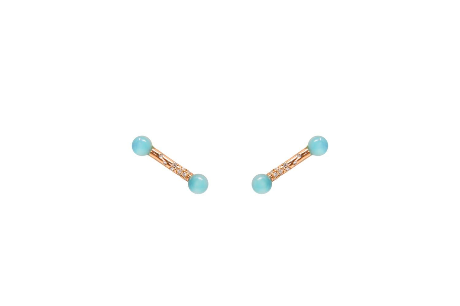 Art Deco BLUE CHALCEDONY Diamonds Rose Gold Cuff Earrings For Sale