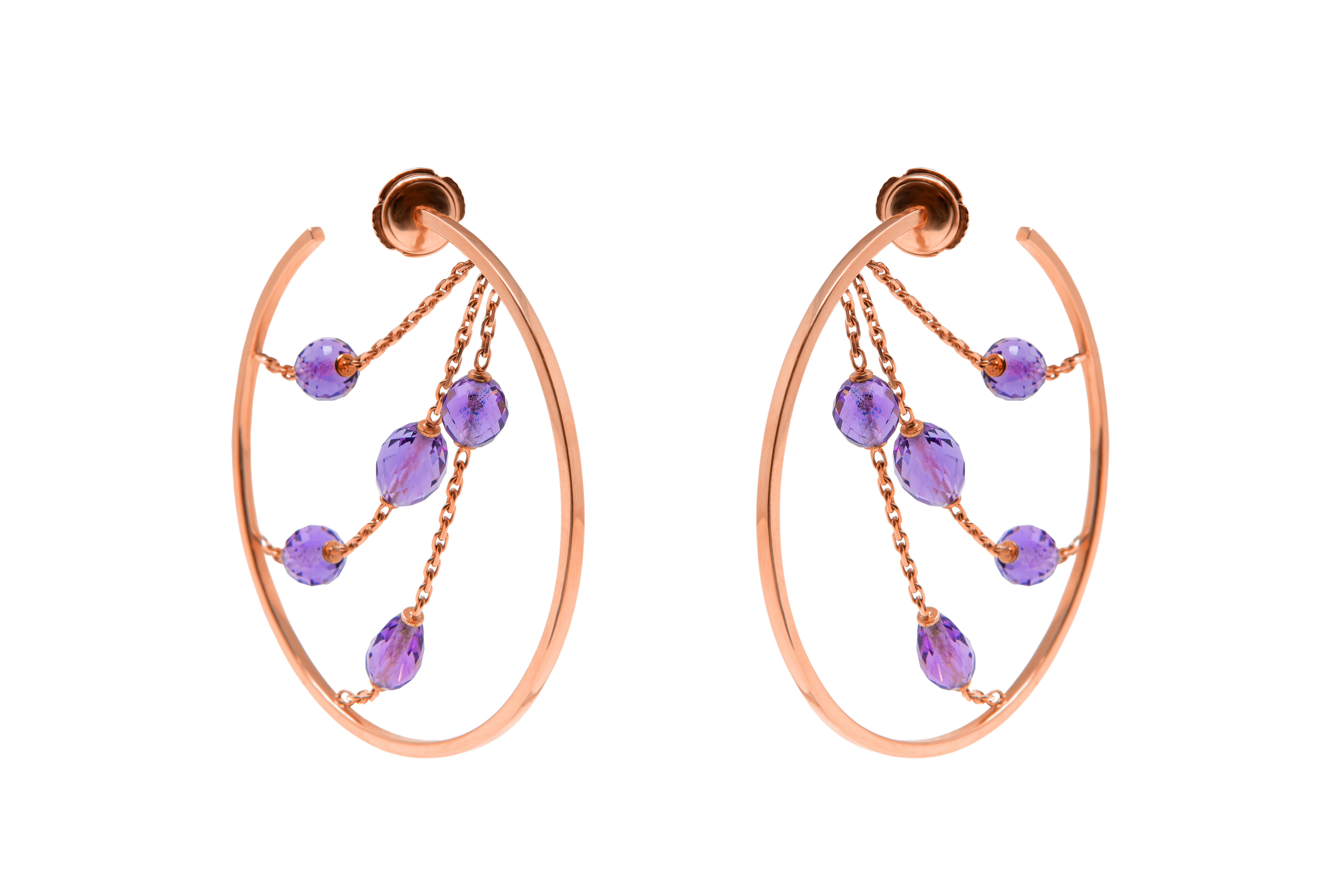 18 Carat Gold Hoops with Briolette cut Amethysts on 