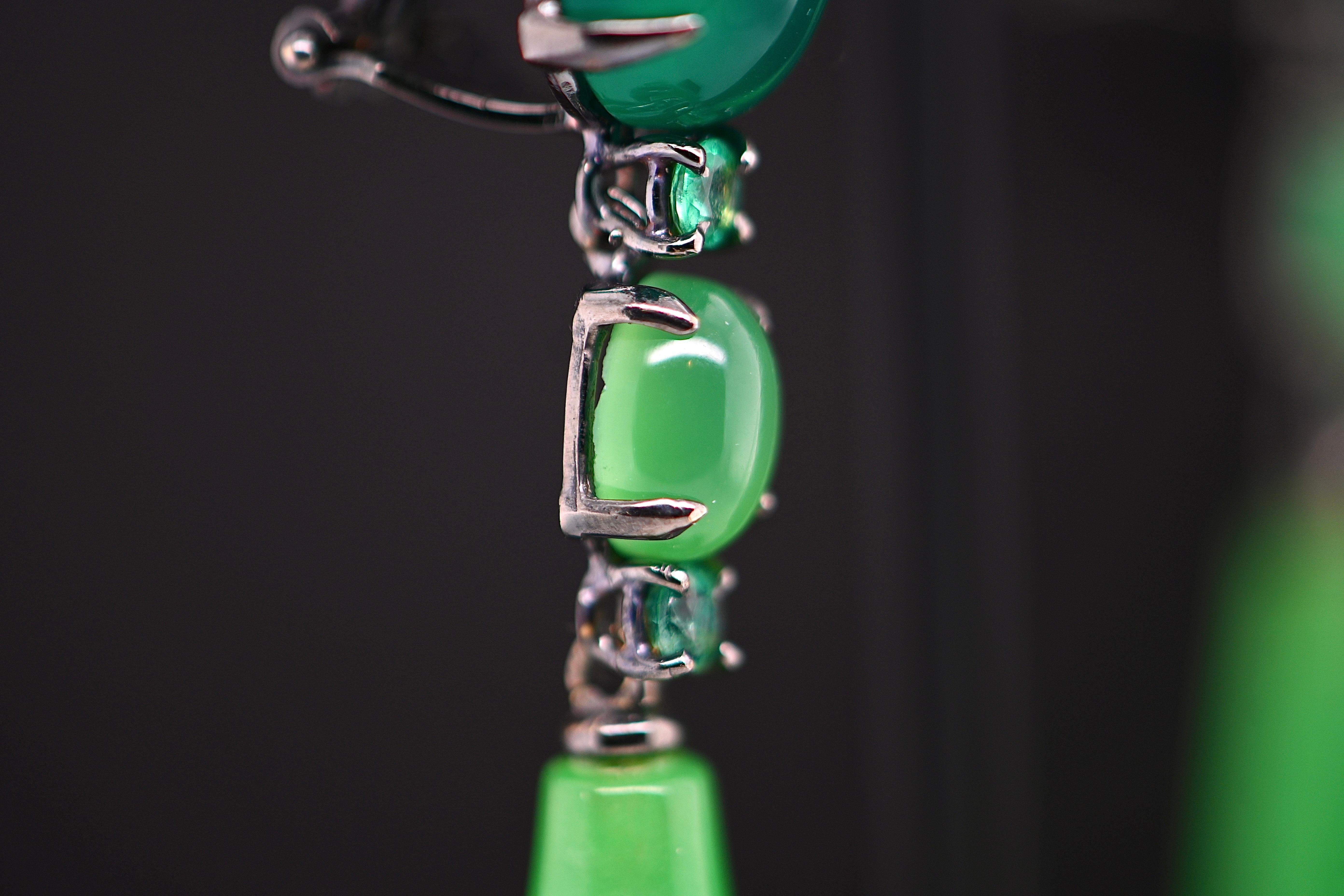 Brilliant Cut Earrings in Green Agate and Jade Set with 32-Carat Emeralds For Sale