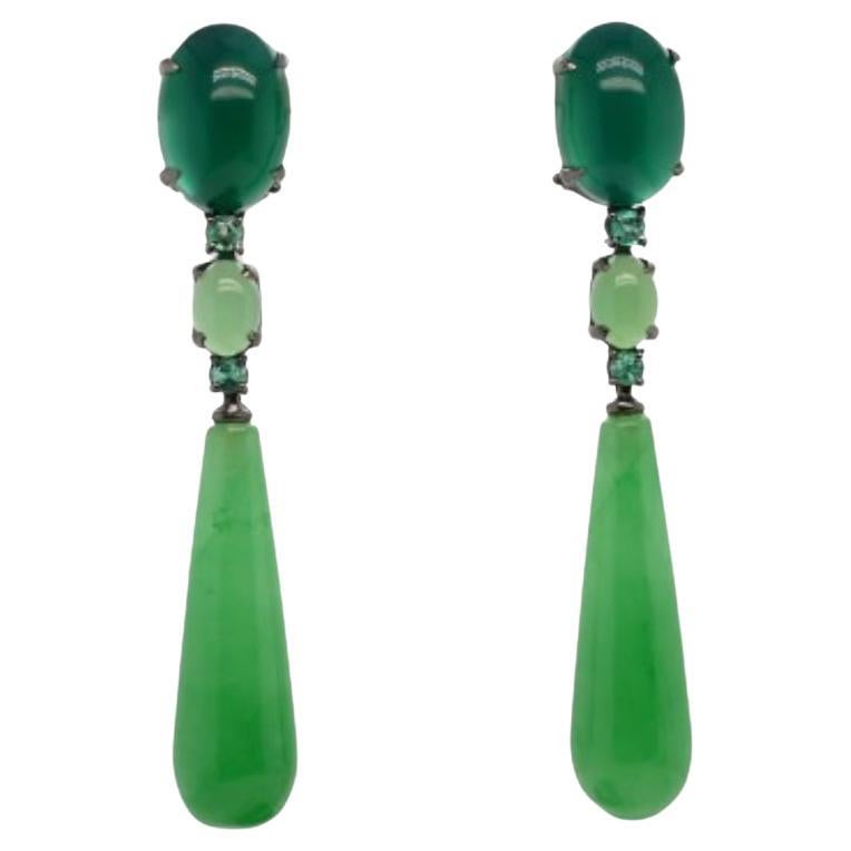 Earrings in Green Agate and Jade Set with 32-Carat Emeralds