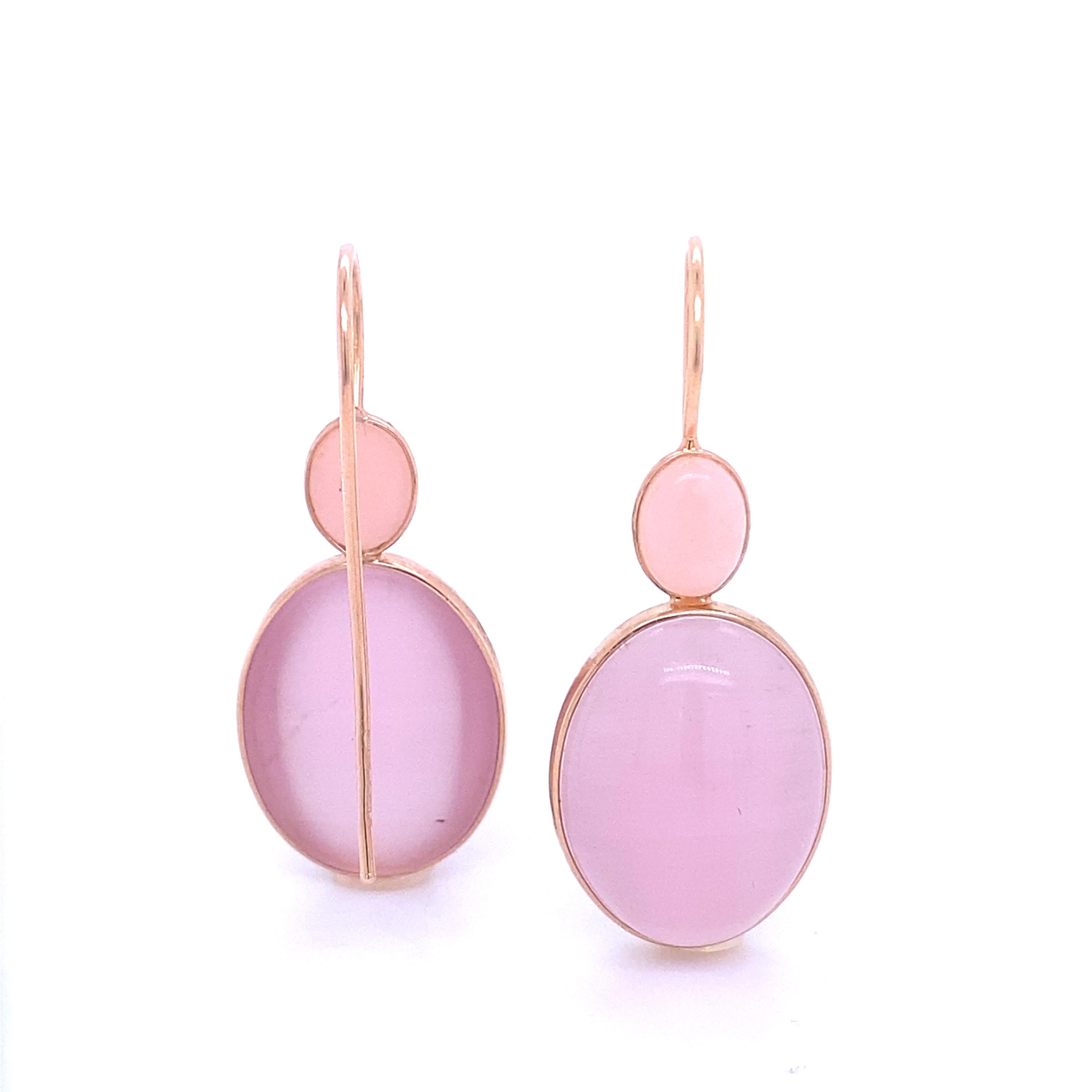 Artisan Earrings in Pink Gold Cabochon of Opal and Pink Quartz For Sale