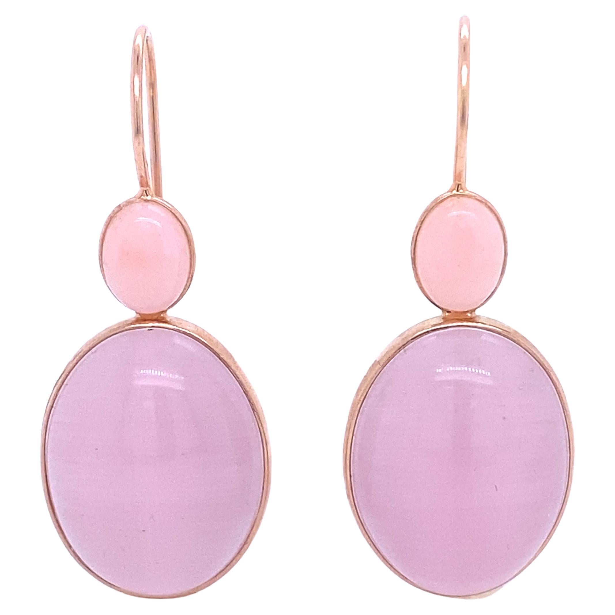 Earrings in Pink Gold Cabochon of Opal and Pink Quartz