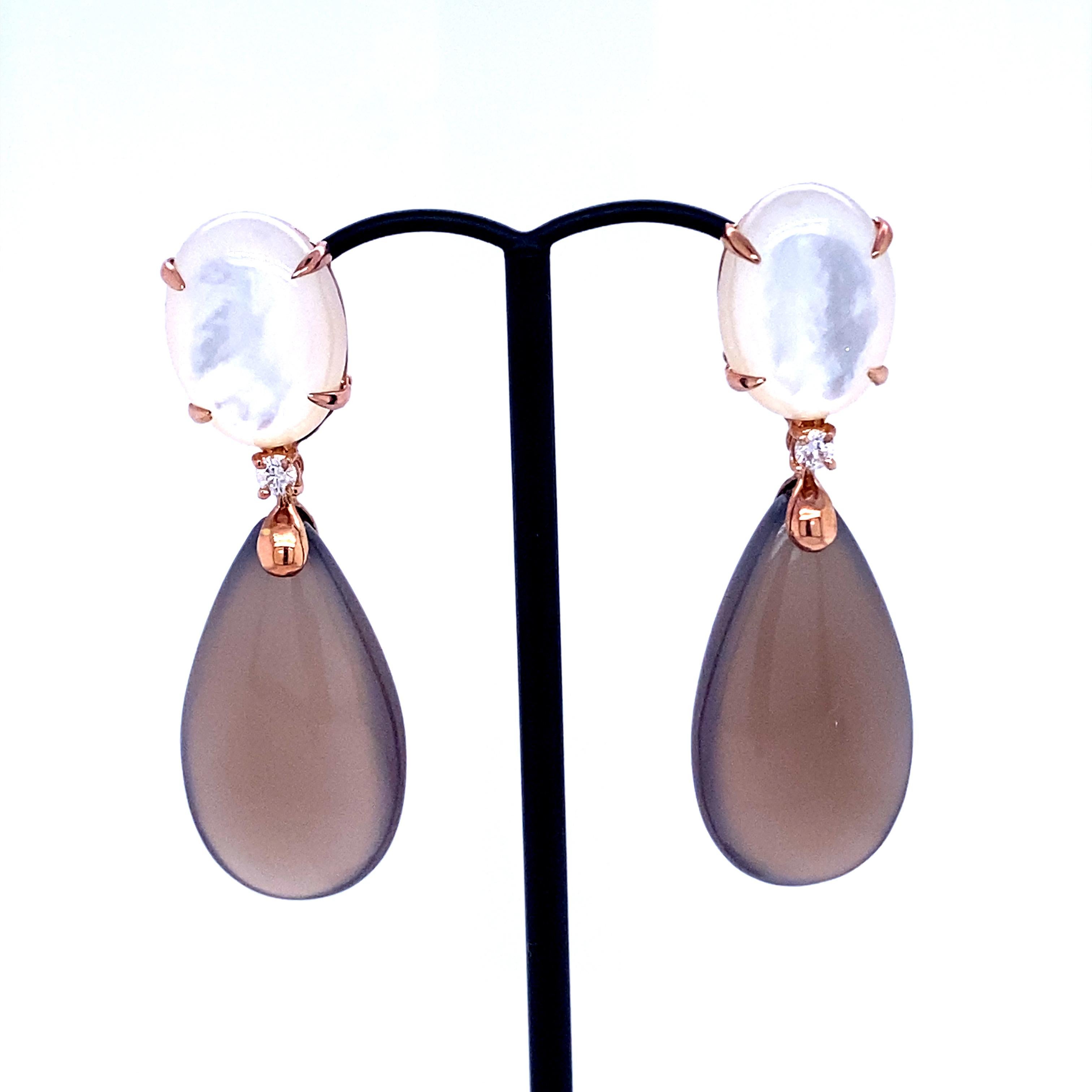 Artisan Earrings in Pink Gold with Mother-of-Pearl, Diamonds 0.14 Carat and Gray Agate For Sale
