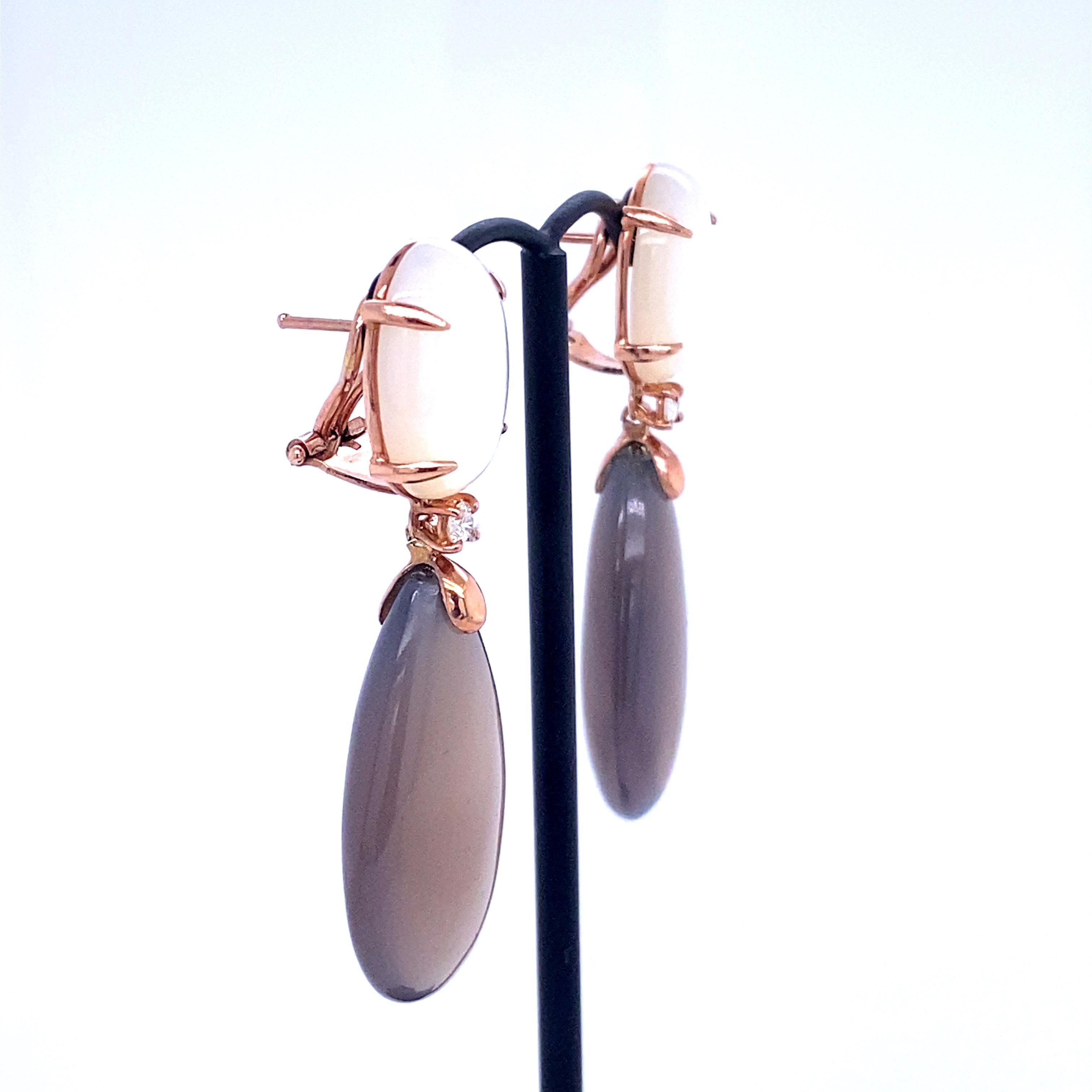 Mixed Cut Earrings in Pink Gold with Mother-of-Pearl, Diamonds 0.14 Carat and Gray Agate For Sale