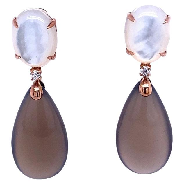 Earrings in Pink Gold with Mother-of-Pearl, Diamonds 0.14 Carat and Gray Agate For Sale
