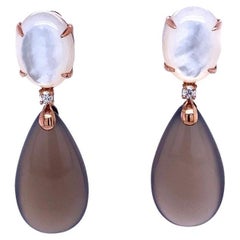 Pendientes de Oro Rosa con Nácar, Diamantes de 0,14 Quilates y Ágata Gris