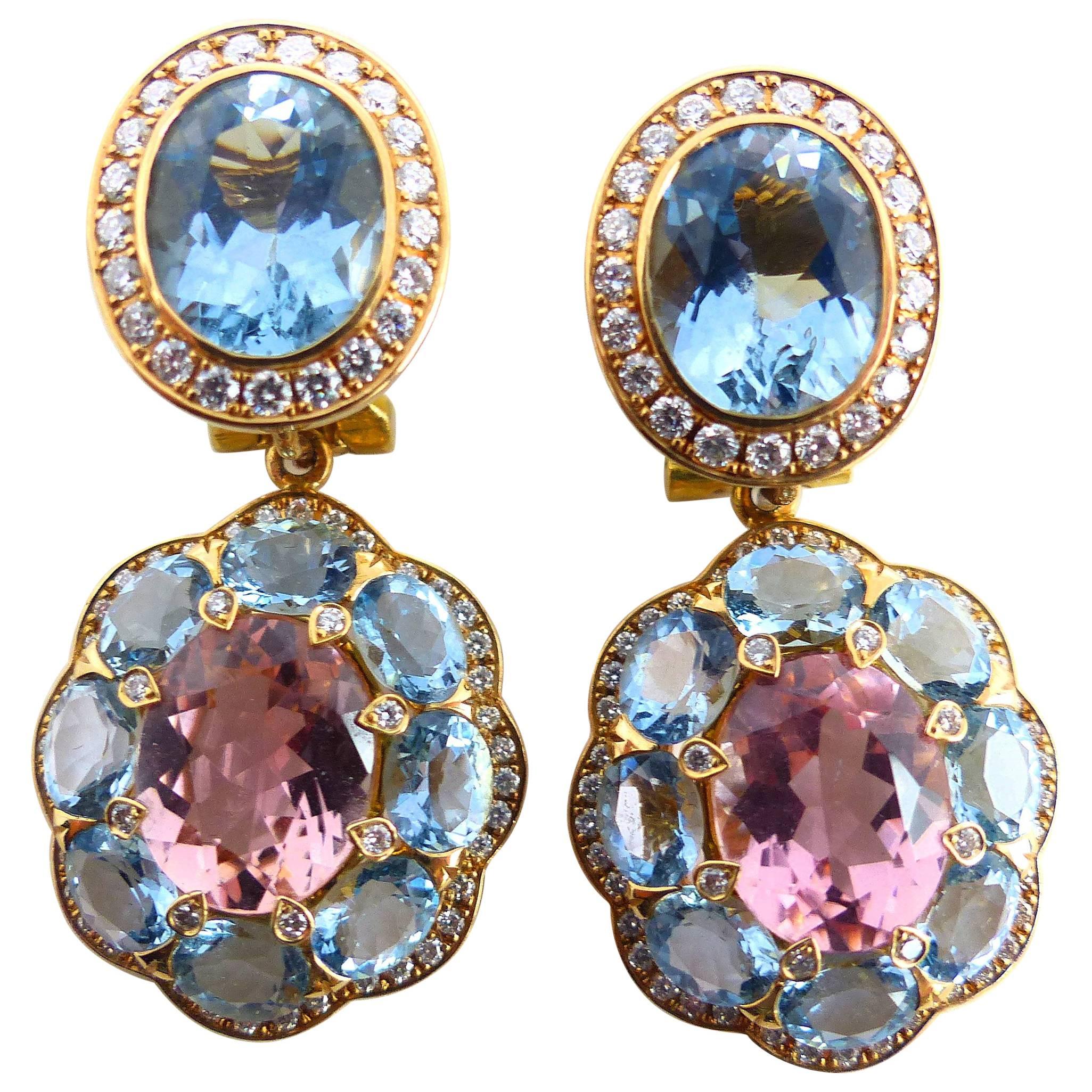 Boucles d'oreilles en or rose avec 2 tourmalines roses et 16 aigues-marines et diamants.