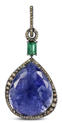 Earrings in Silver & Gold Set with Diamond, Emerald, 8.45 Carat Tanzanite