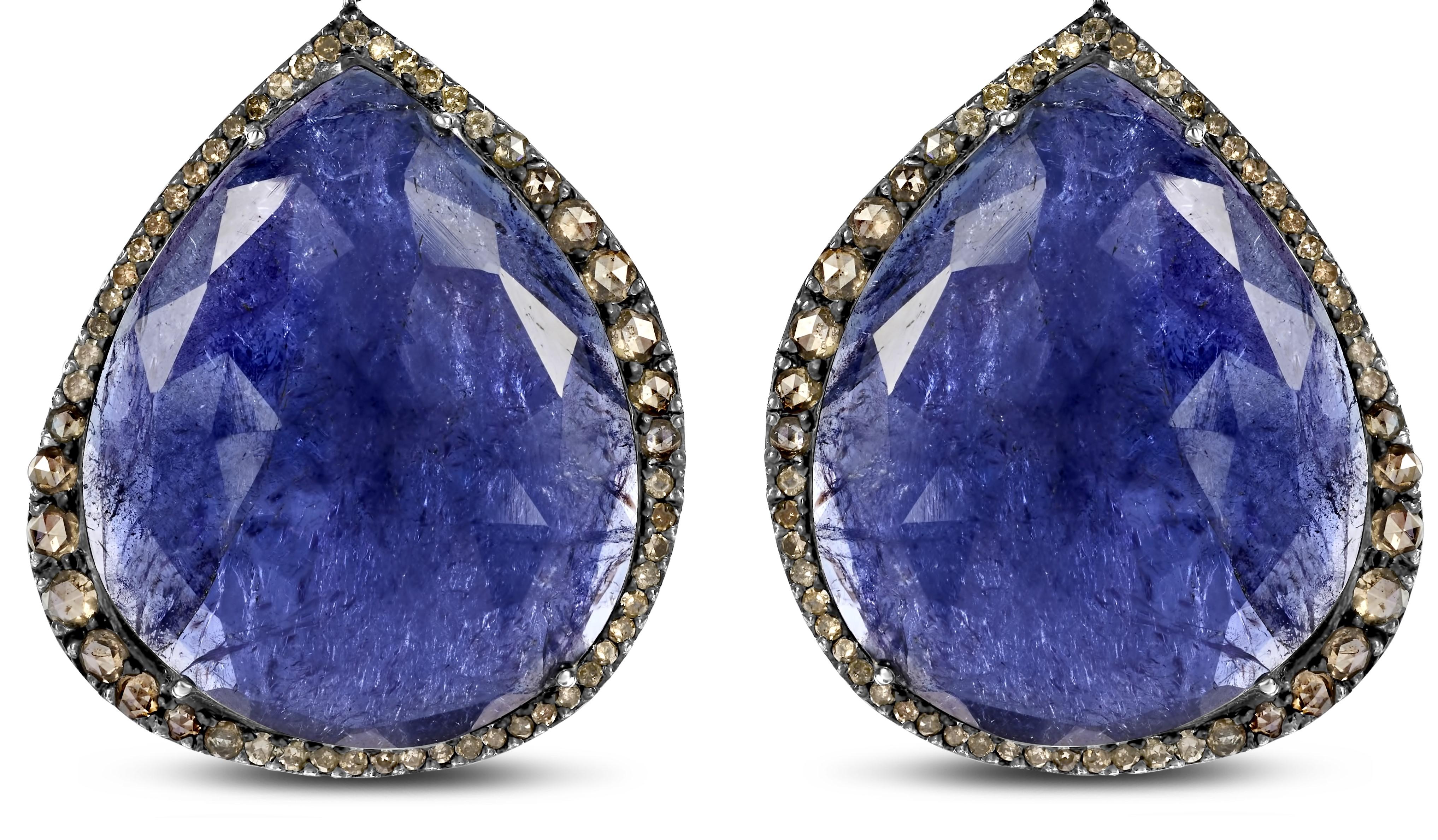 Artisan Earrings in Silver & Gold Set with Diamond, Emerald, 8.45 Carat Tanzanite For Sale