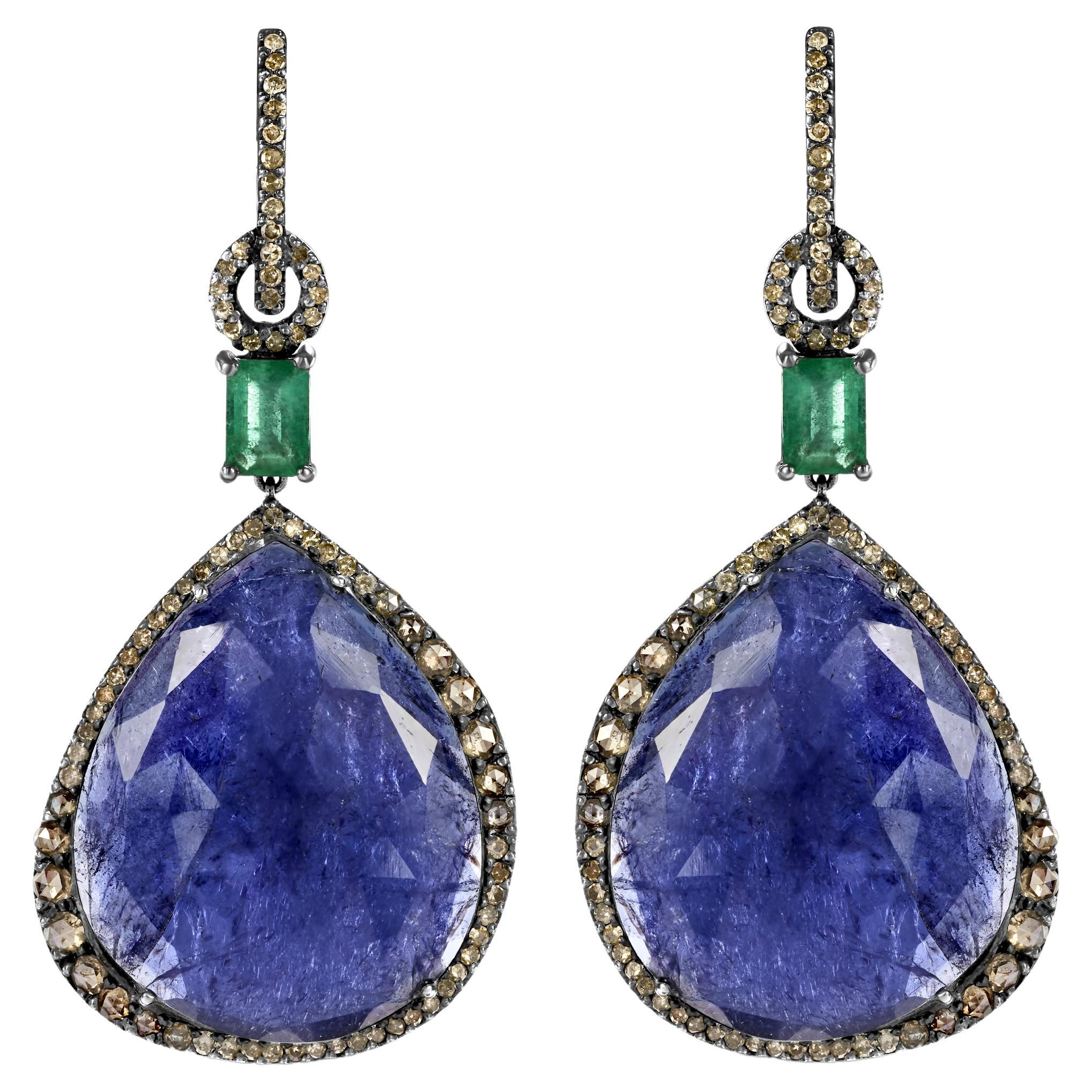 Earrings in Silver & Gold Set with Diamond, Emerald, 8.45 Carat Tanzanite For Sale