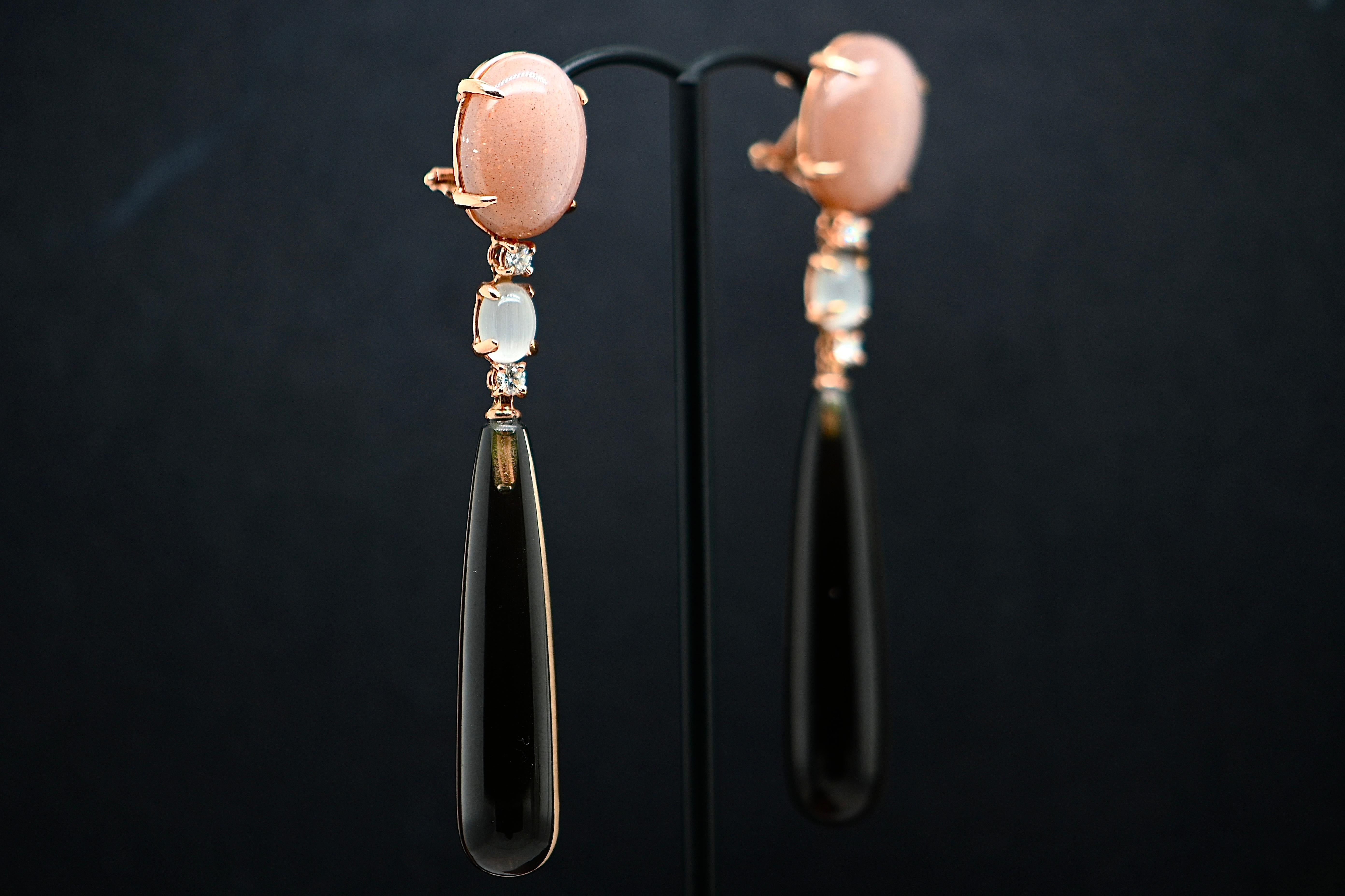 Modern Earrings in Smoky Quartz, Black Agate Adorned with 0.32 Carat Diamonds For Sale