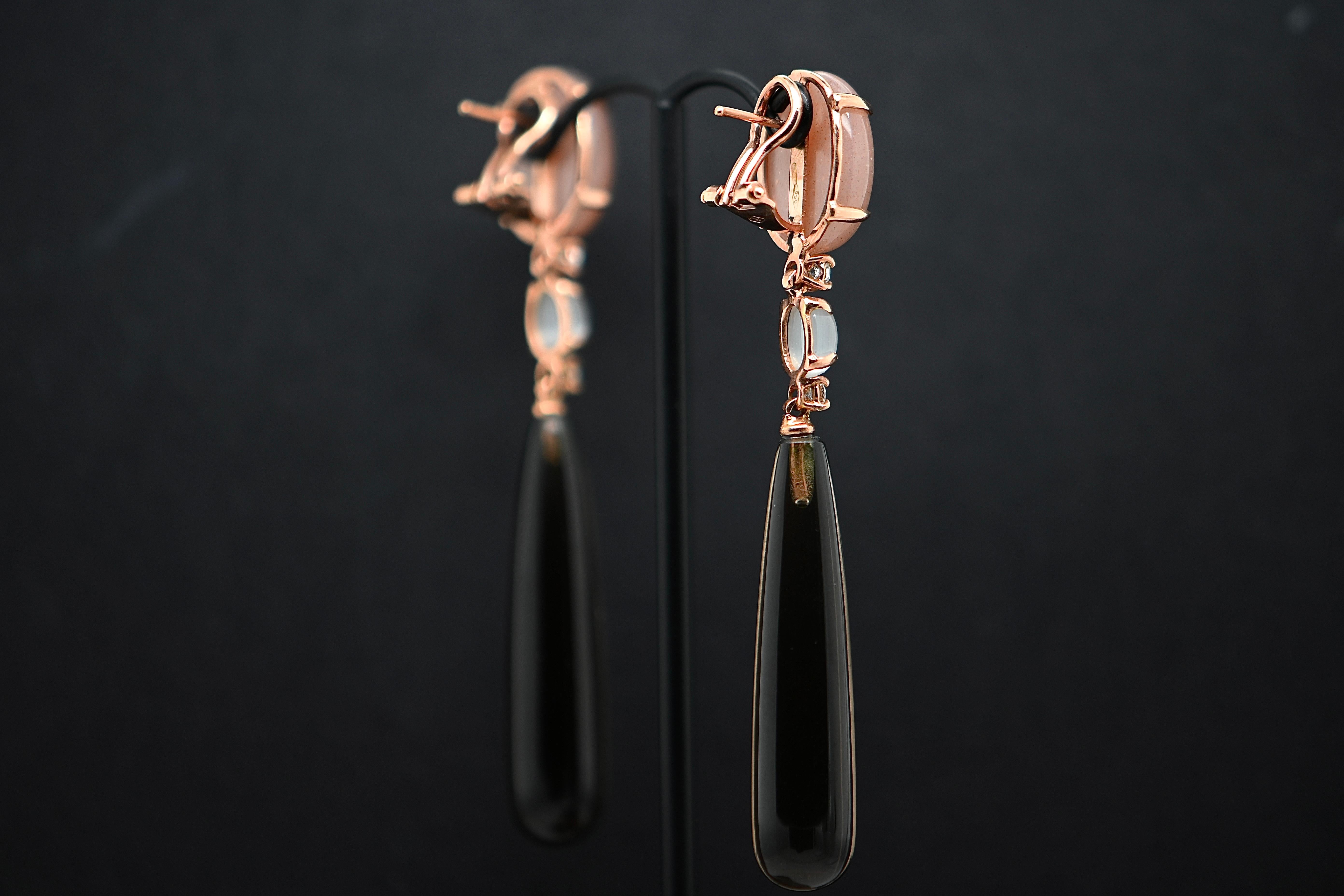 Brilliant Cut Earrings in Smoky Quartz, Black Agate Adorned with 0.32 Carat Diamonds For Sale